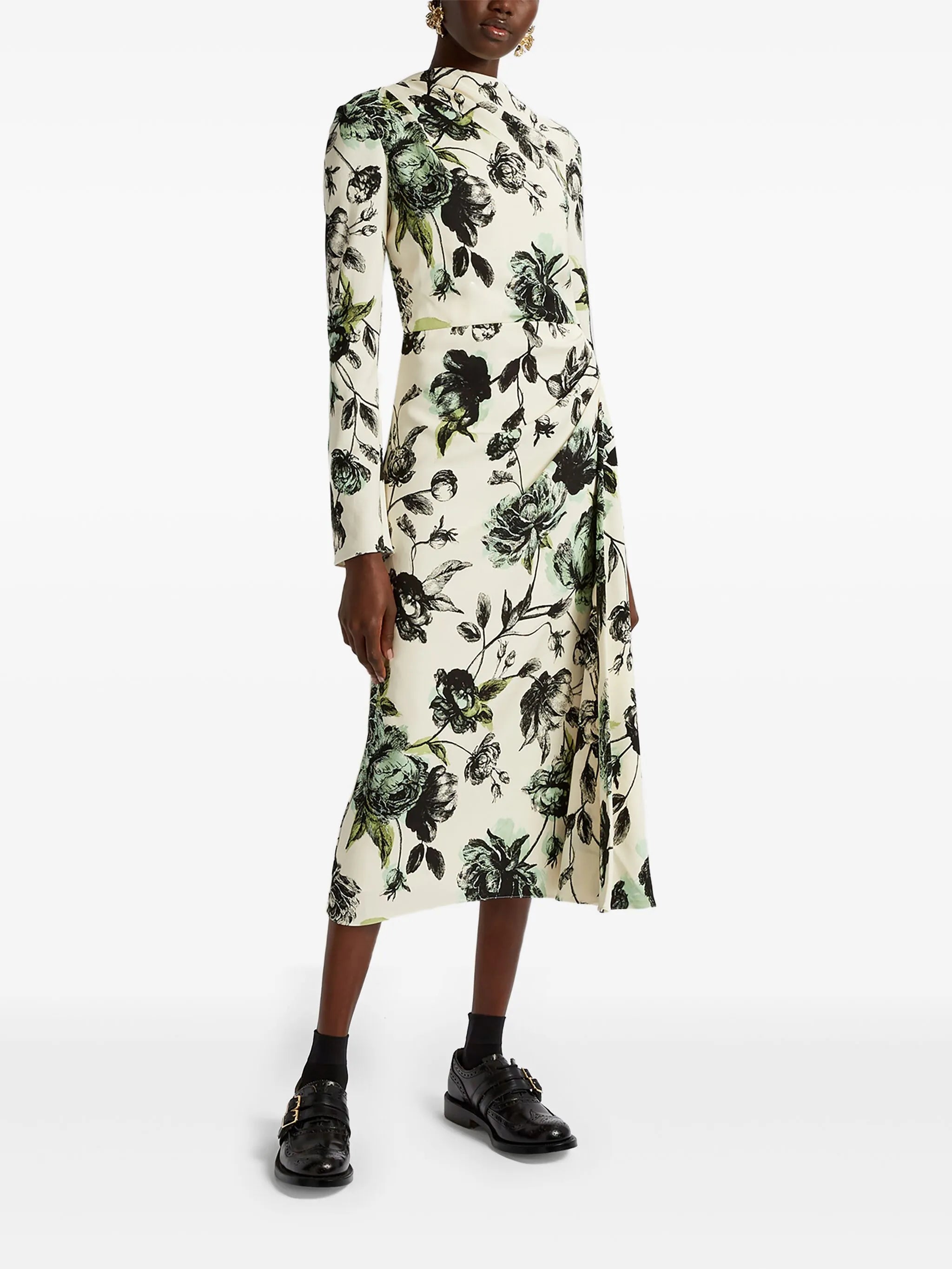 draped long-sleeve midi dress