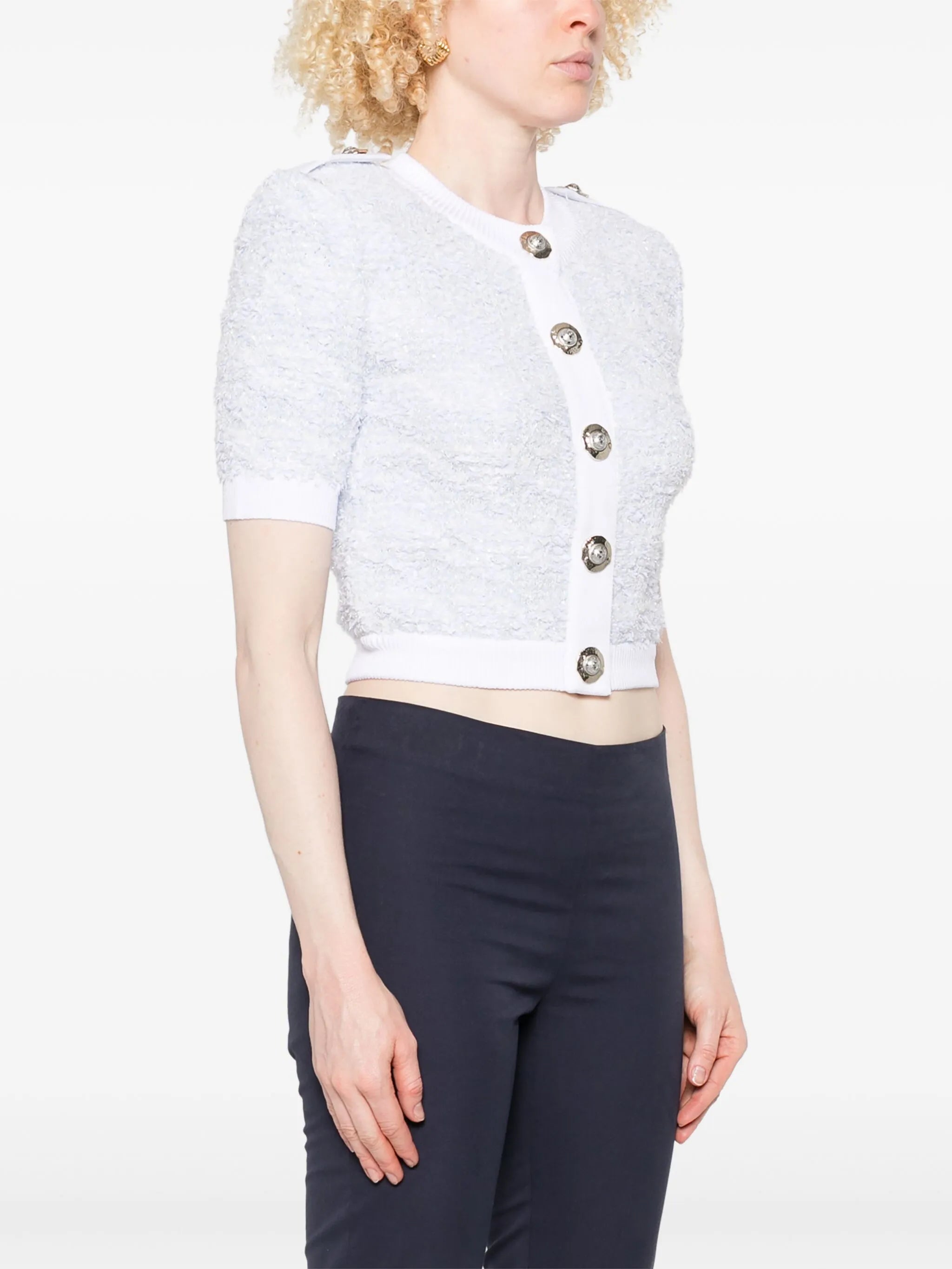 short-sleeve tweed cardigan