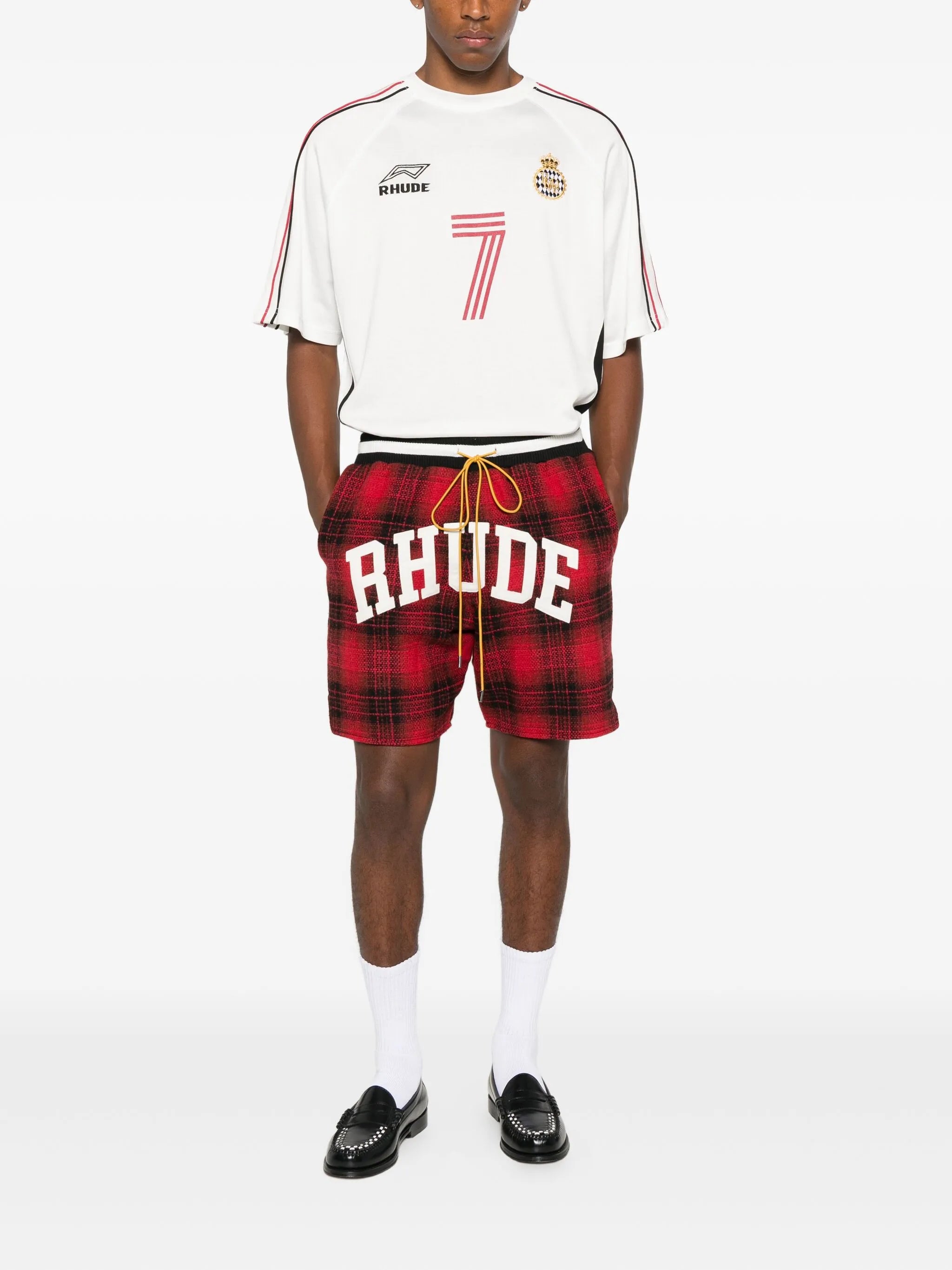 collegiate-logo plaid shorts