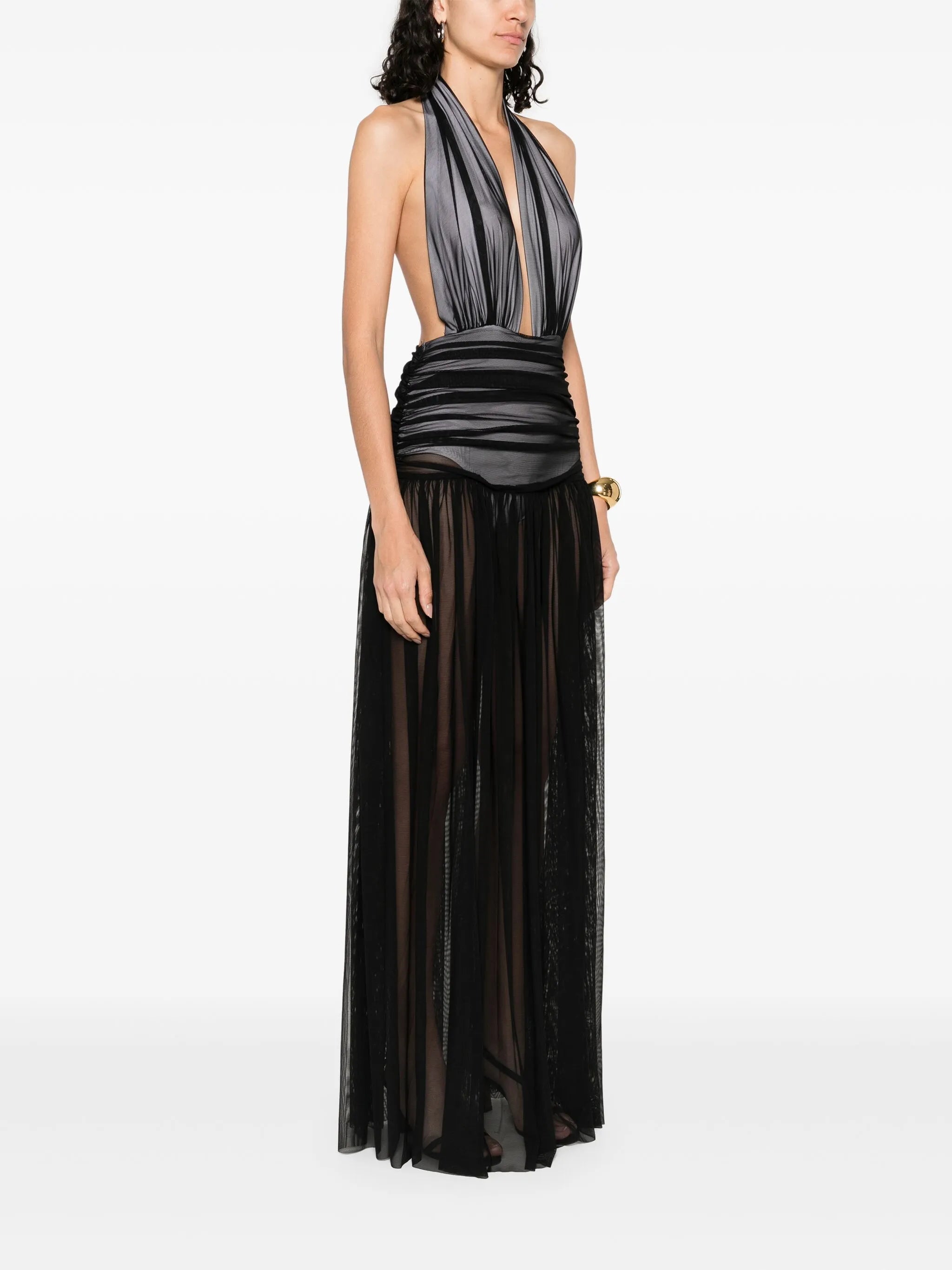 halterneck shirred maxi dress