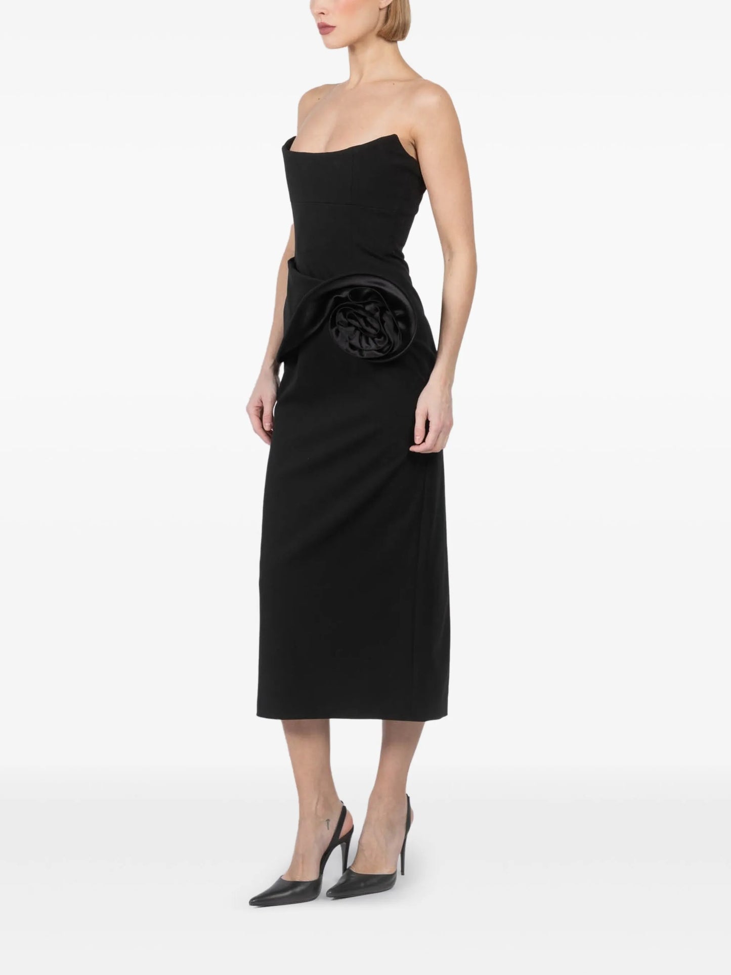 floral-appliqué bustier midi dress