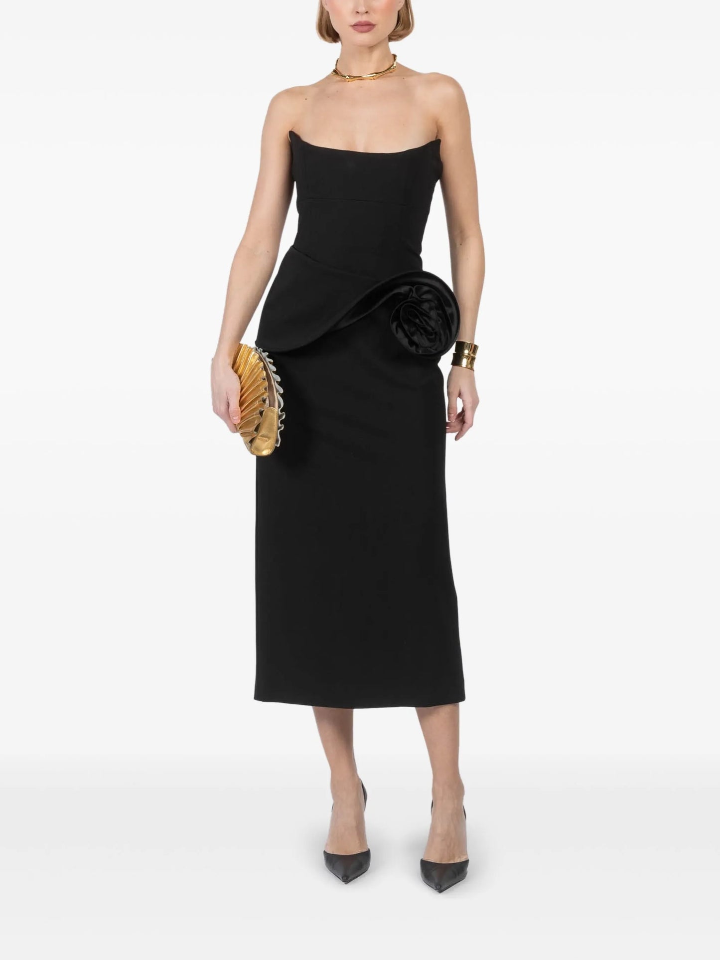 floral-appliqué bustier midi dress
