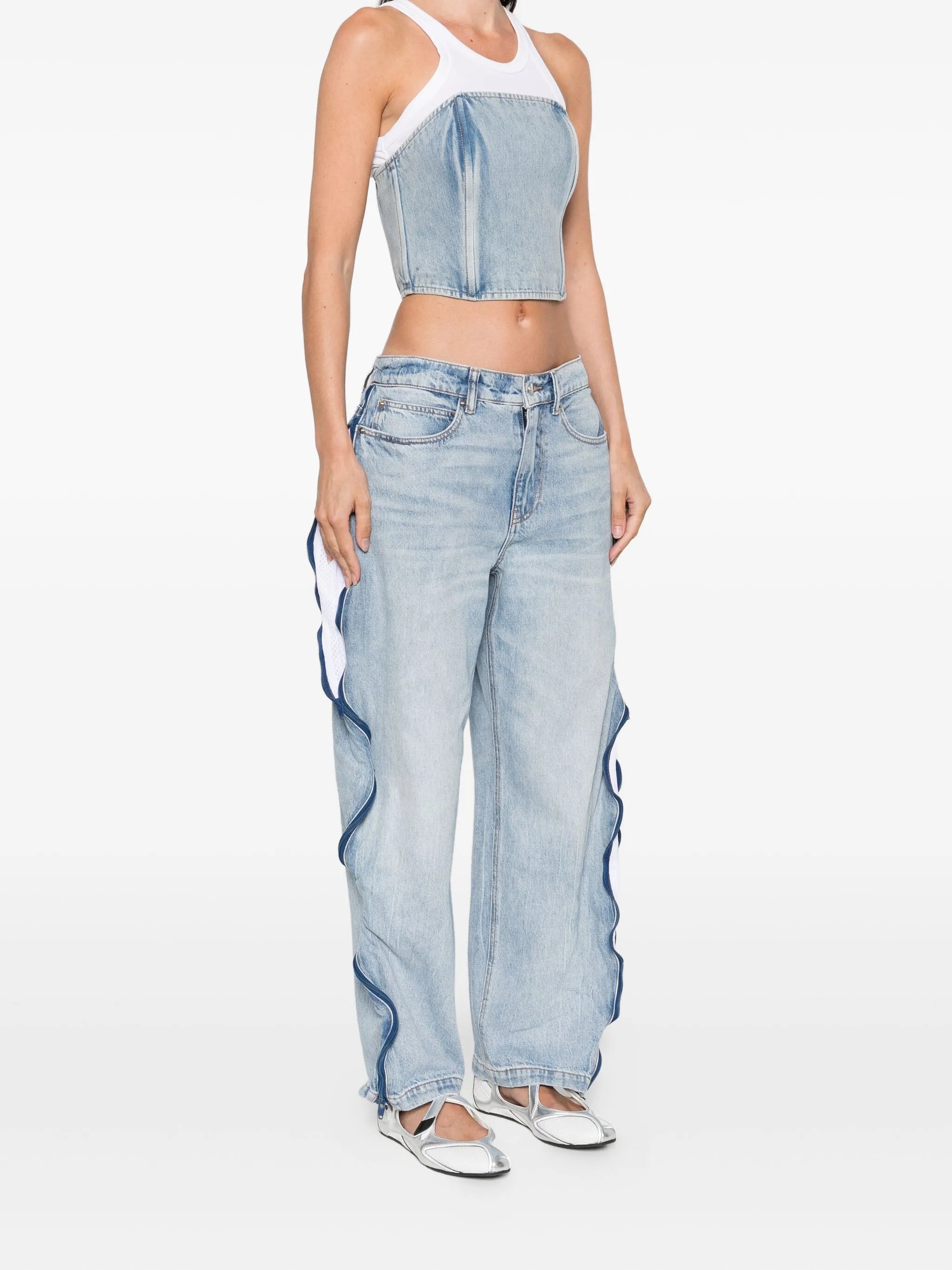 zip-detail mesh-panel jeans