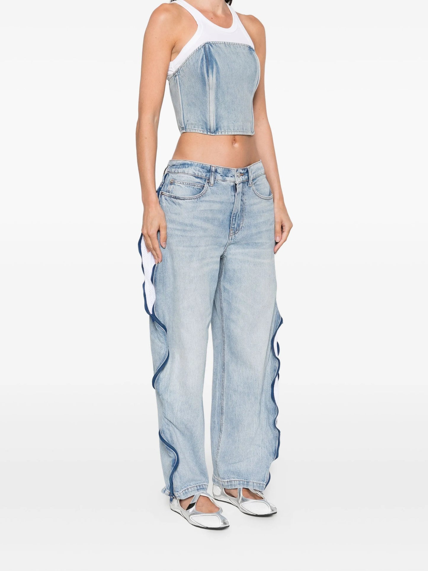 zip-detail mesh-panel jeans