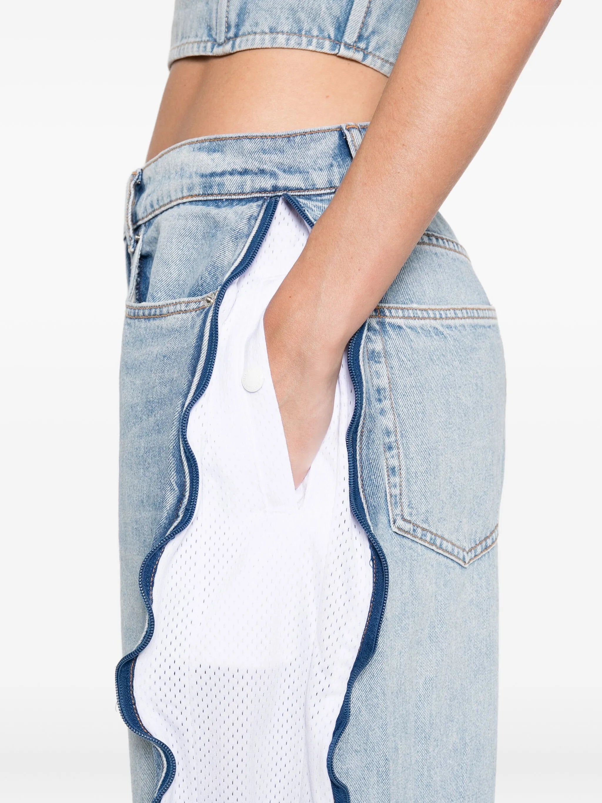 zip-detail mesh-panel jeans