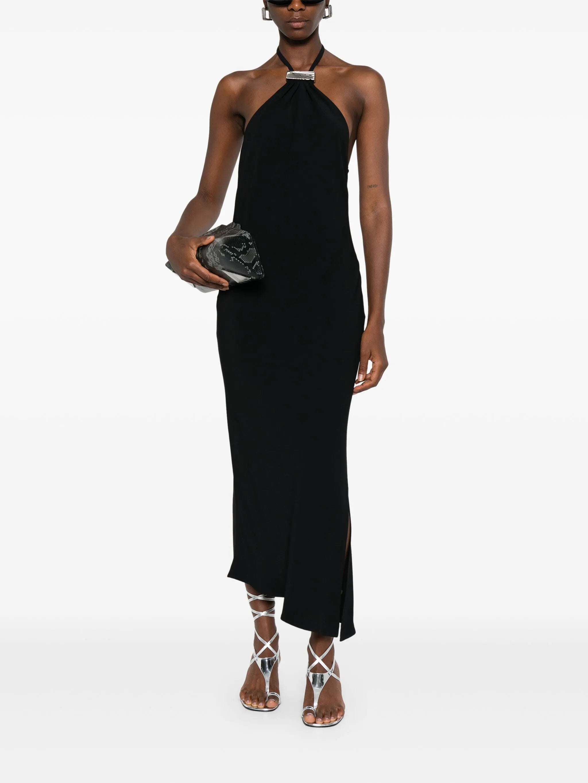 halterneck low-back midi dress