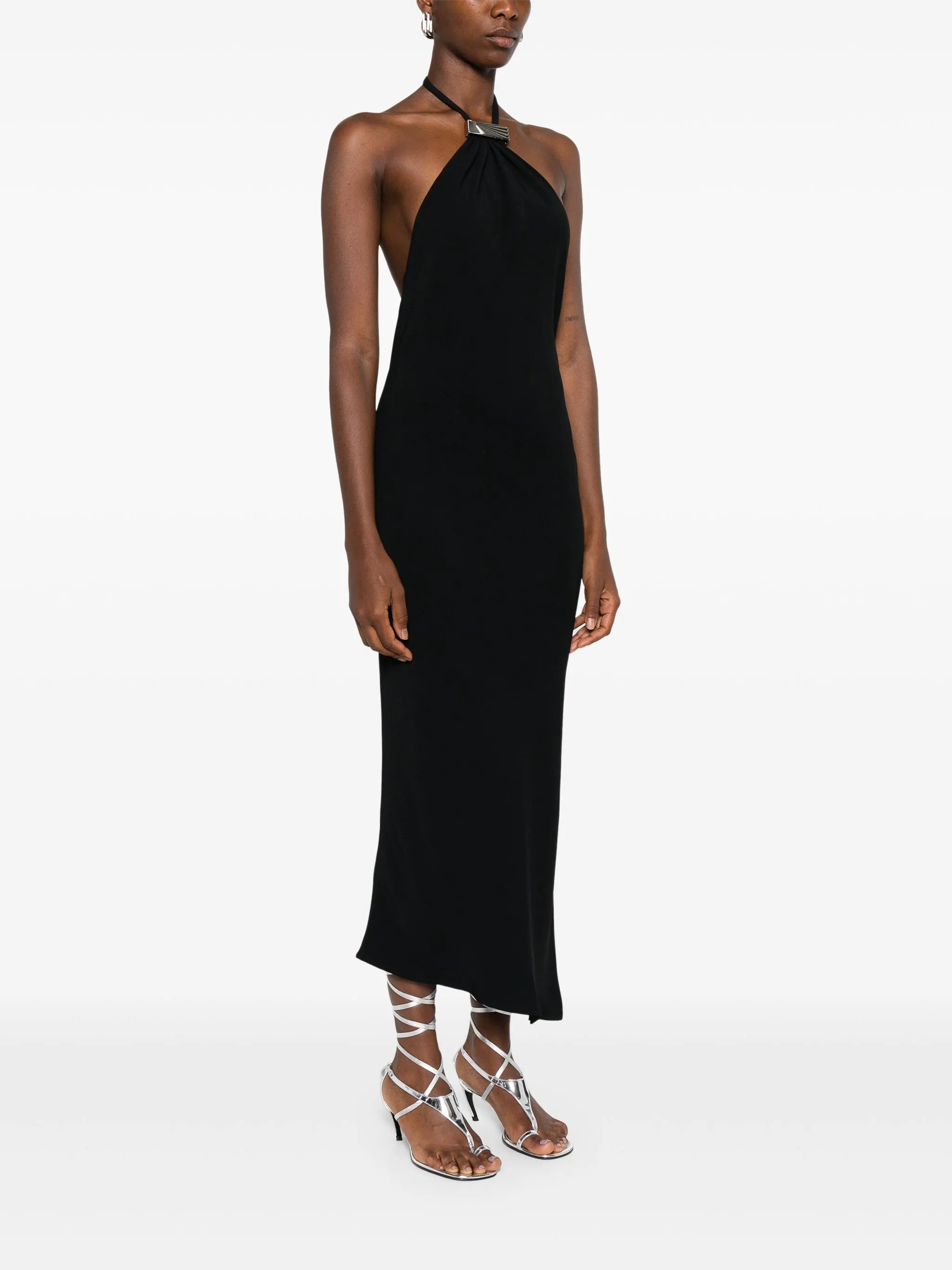 halterneck low-back midi dress