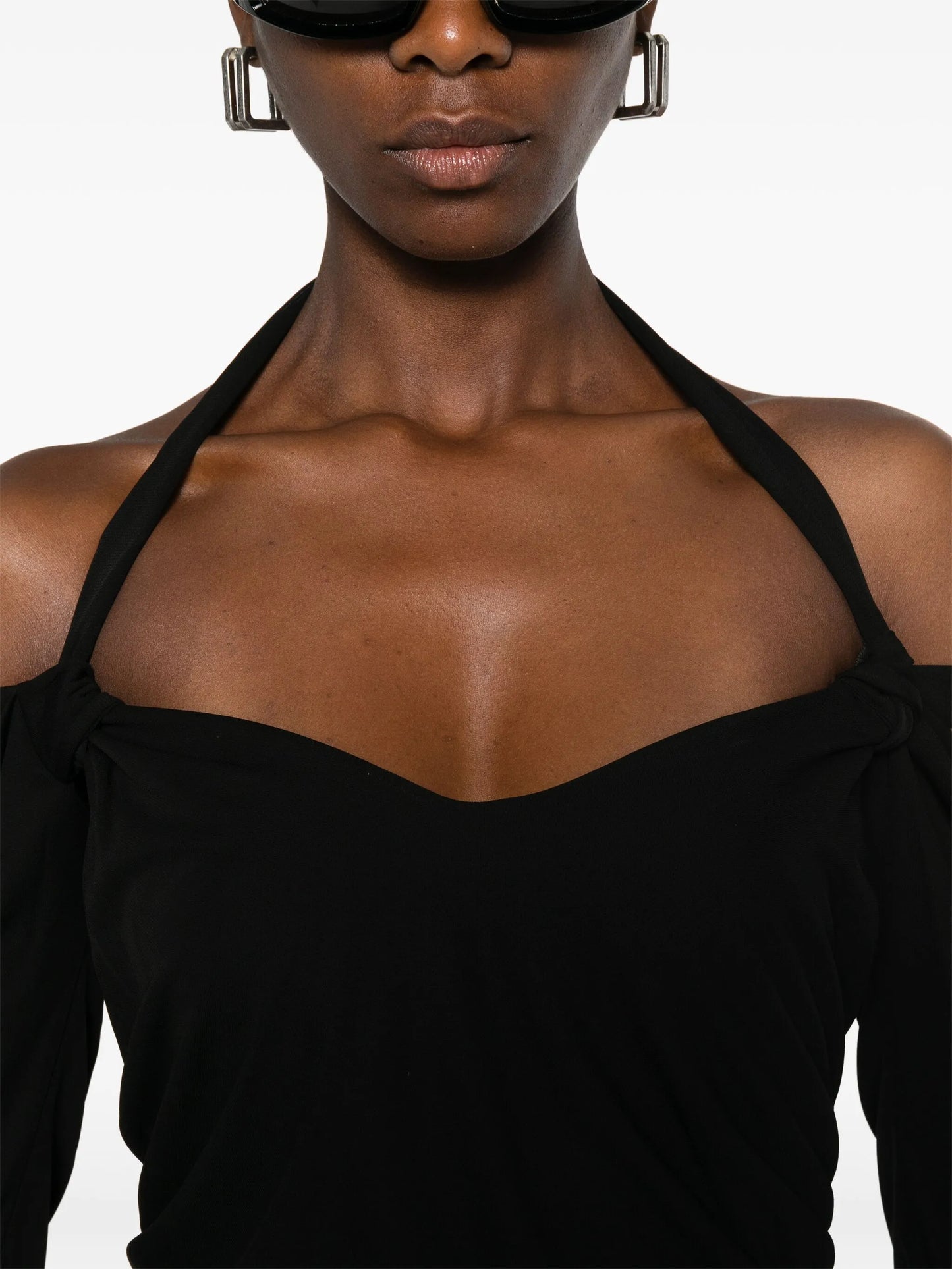 ruched cold-shoulder party dress