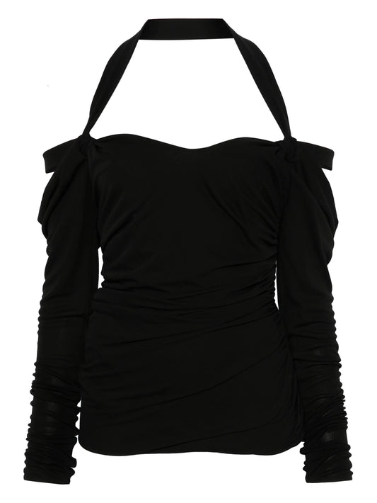 halterneck long-sleeves mini dress