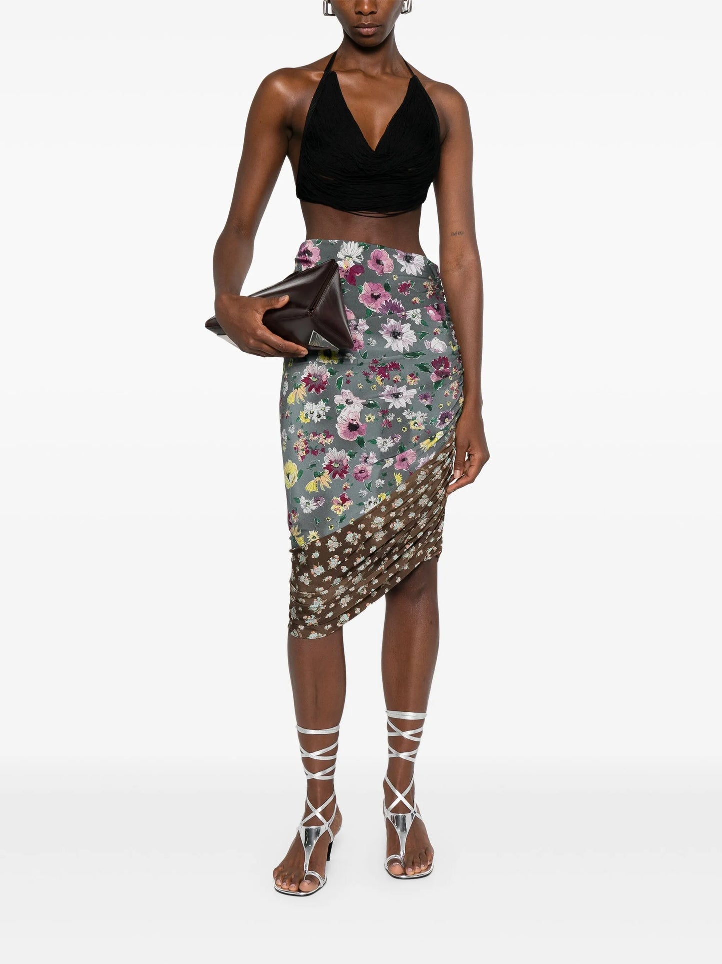 ruched patchwork midi skirt