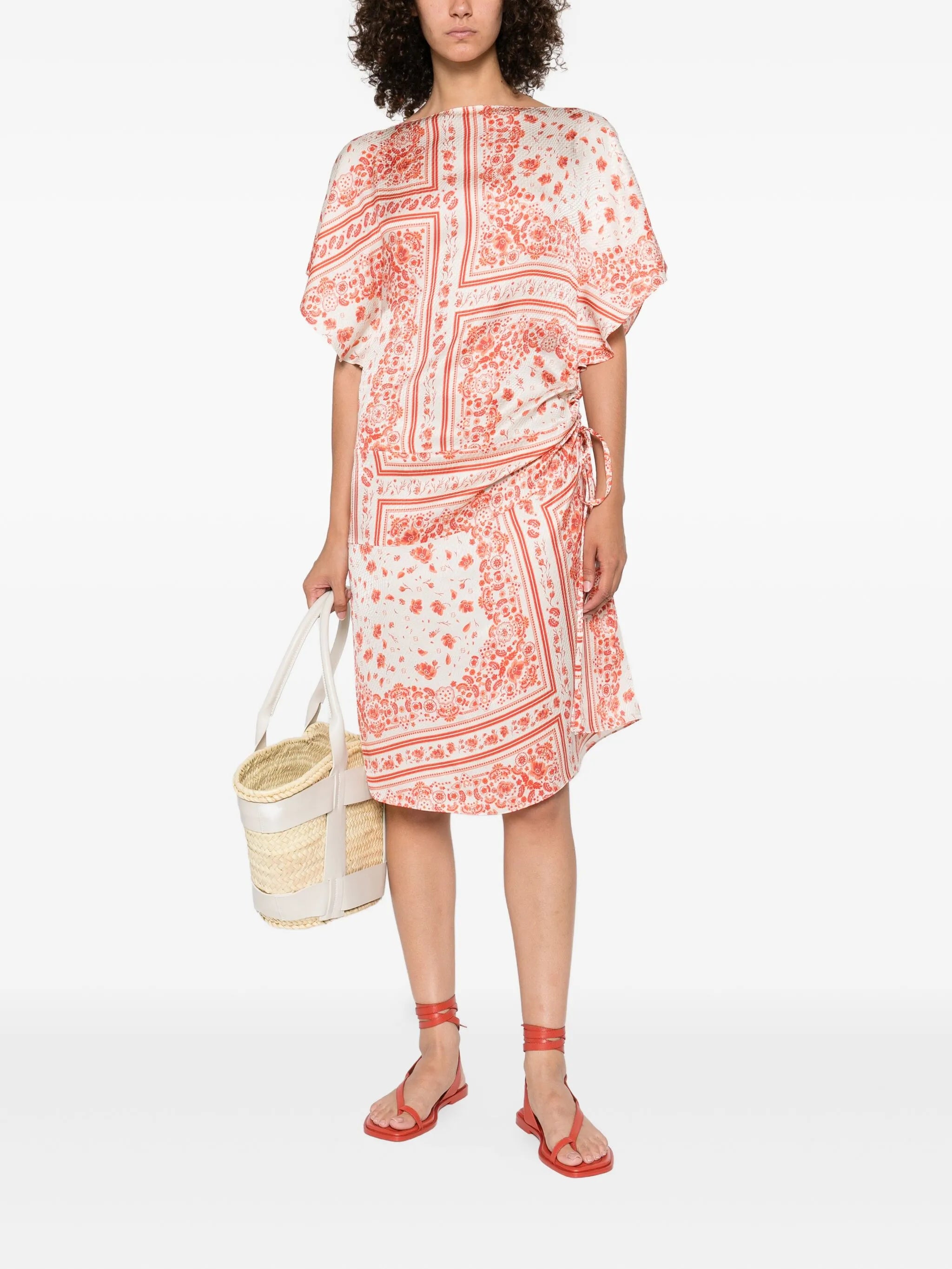 patterned-jacquard drawstring midi dress