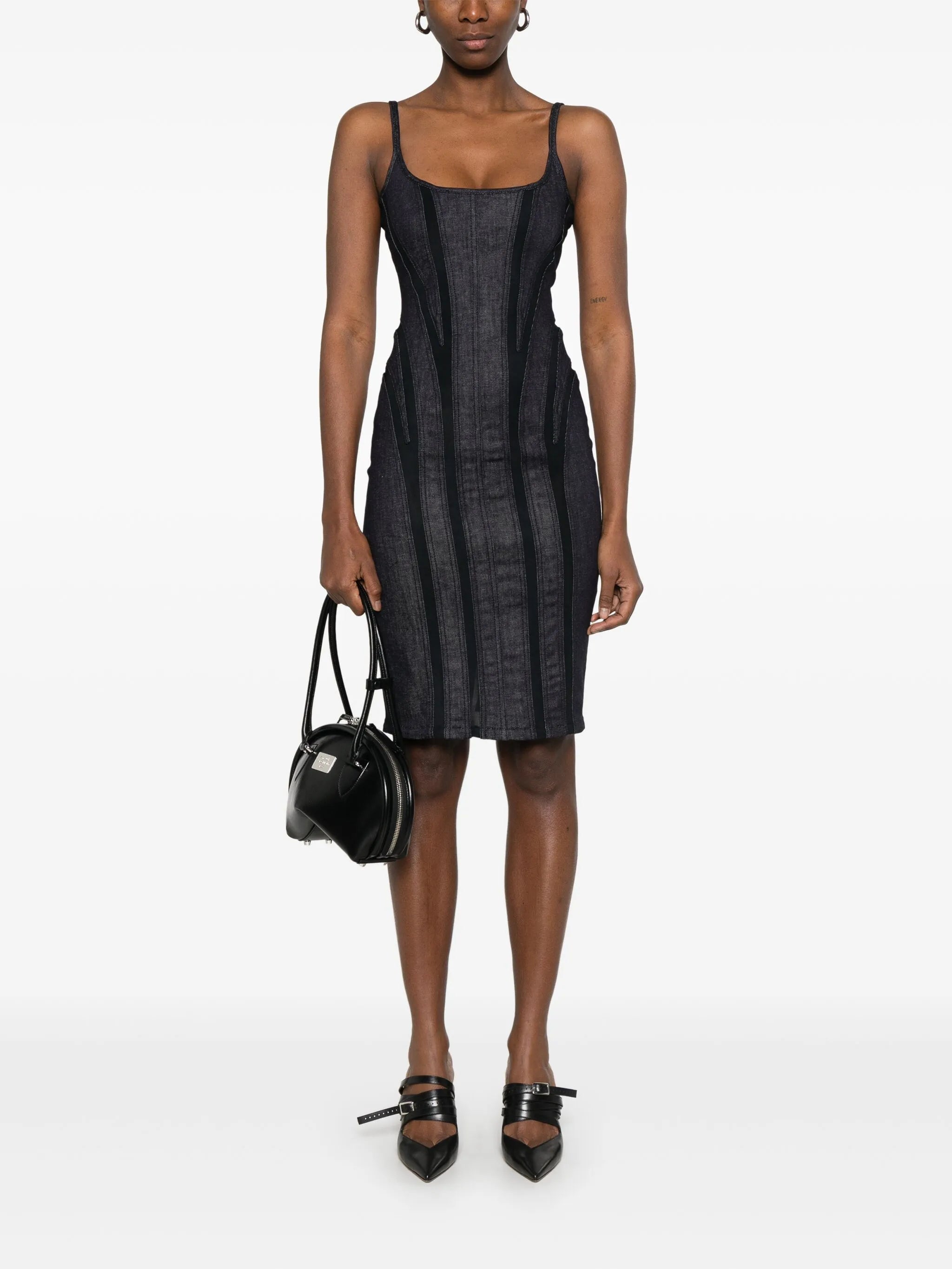 mesh-panel denim midi dress