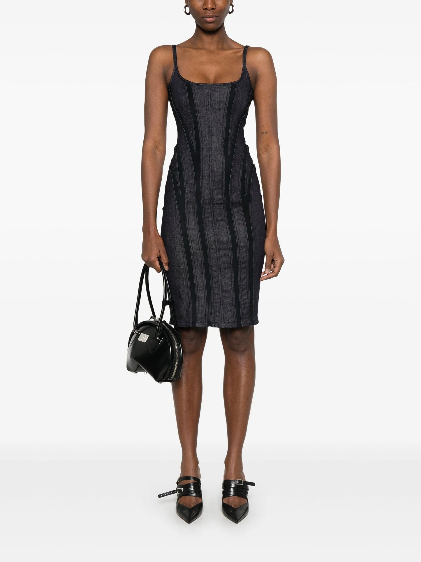 mesh-panel denim midi dress