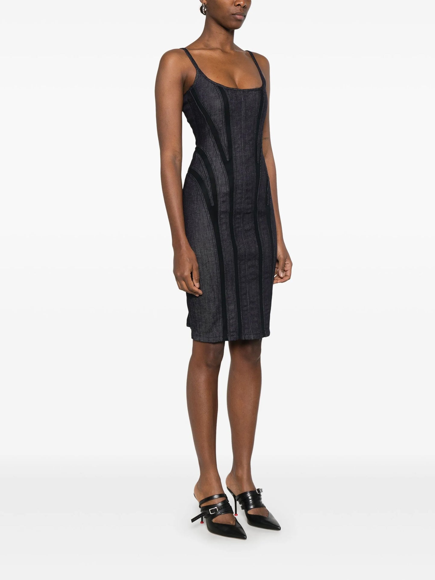 mesh-panel denim midi dress