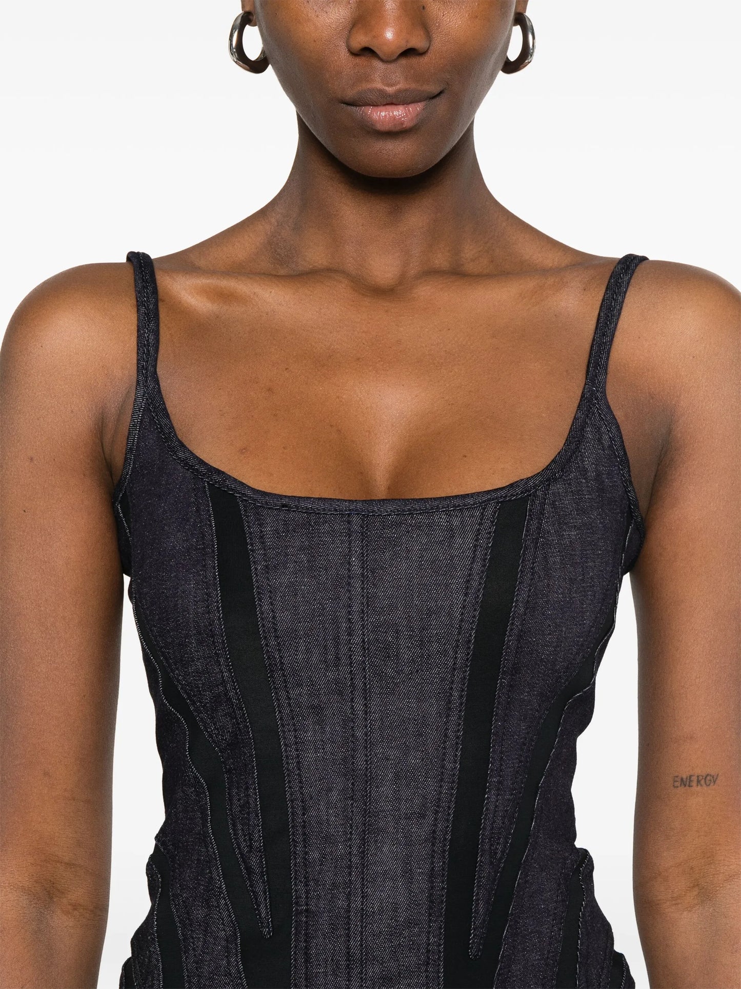 mesh-panel denim midi dress
