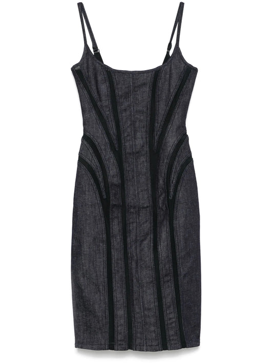 mesh-panel denim midi dress