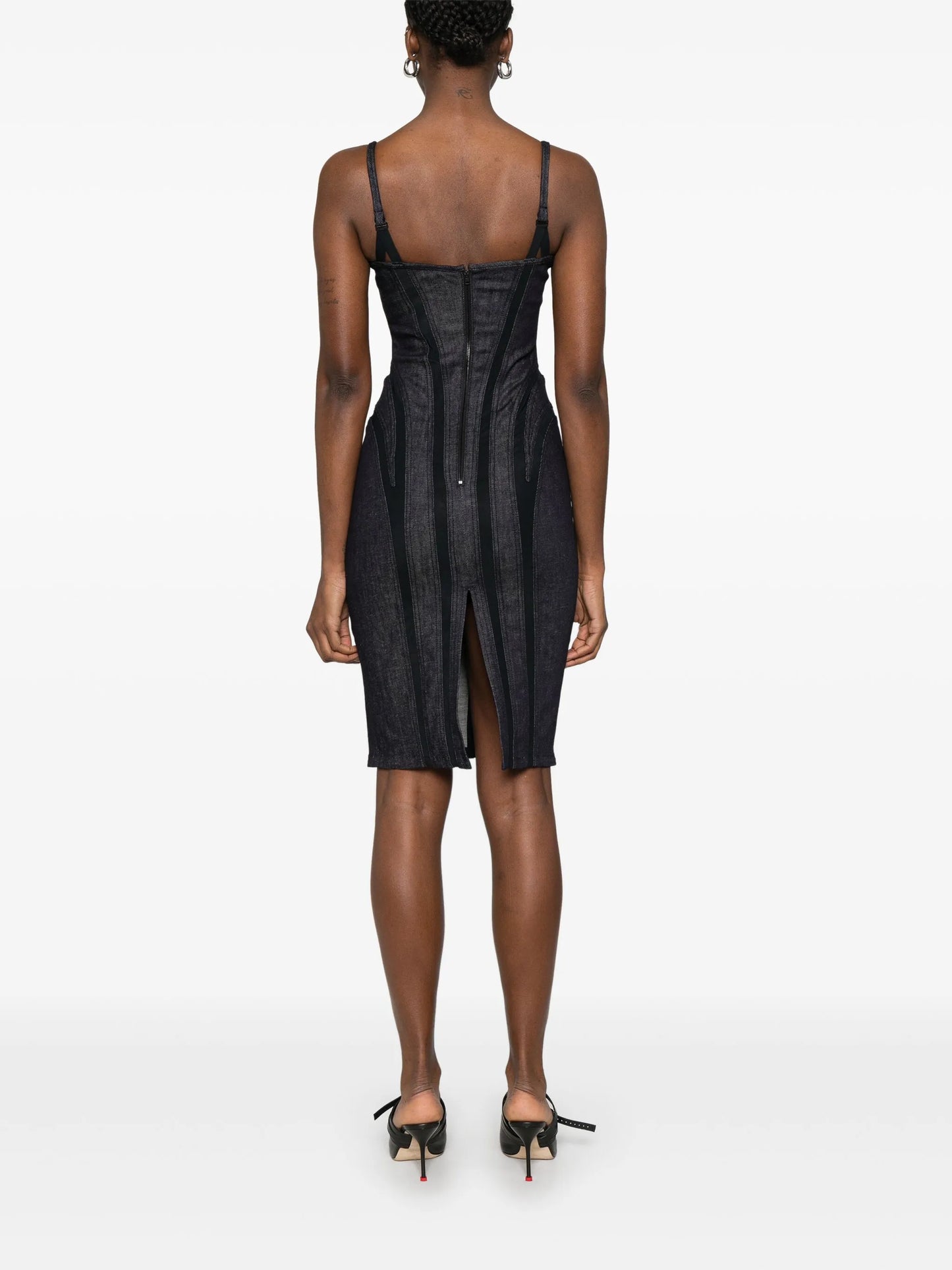 mesh-panel denim midi dress