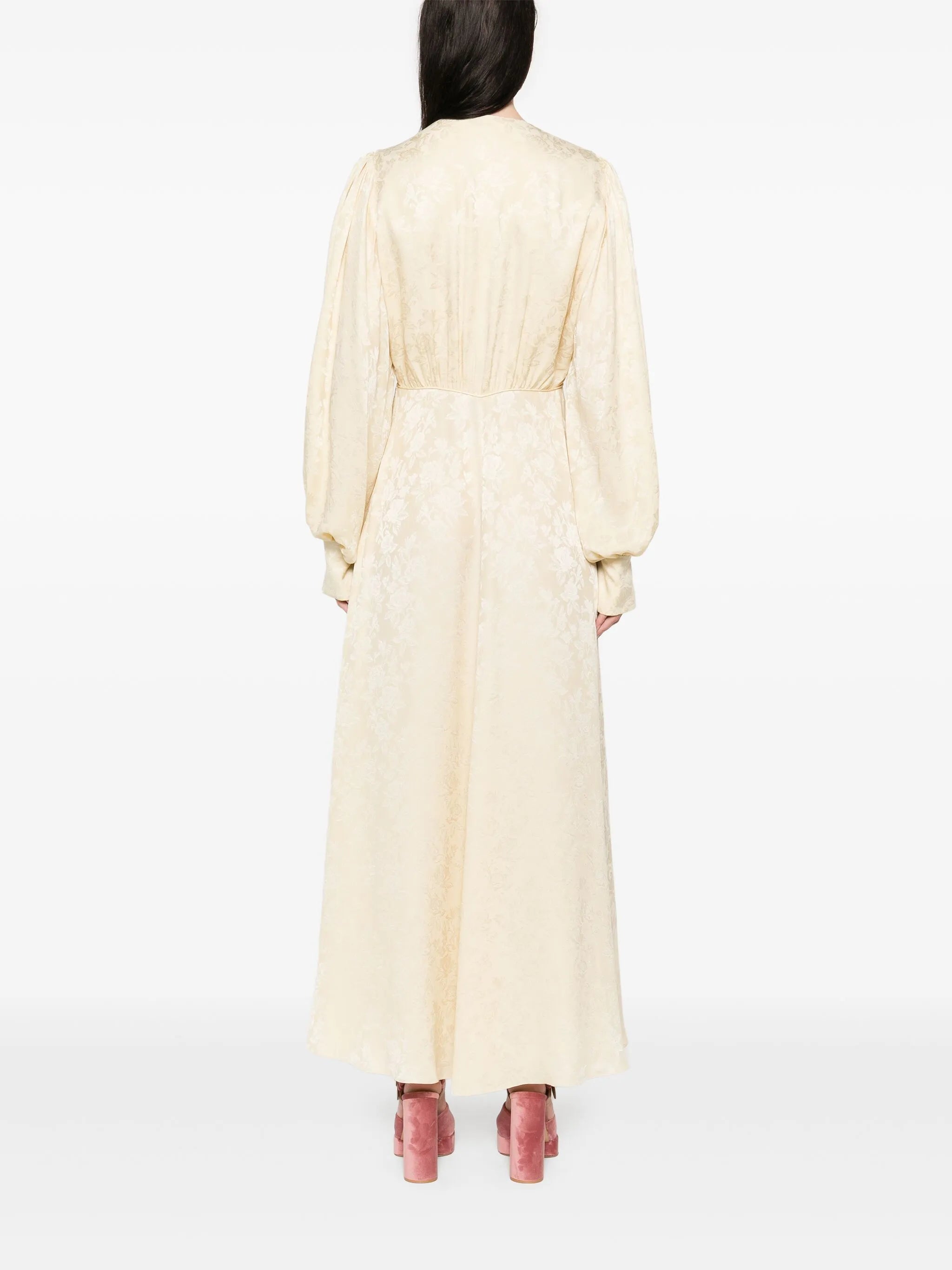 floral-jacquard ruched midi dress