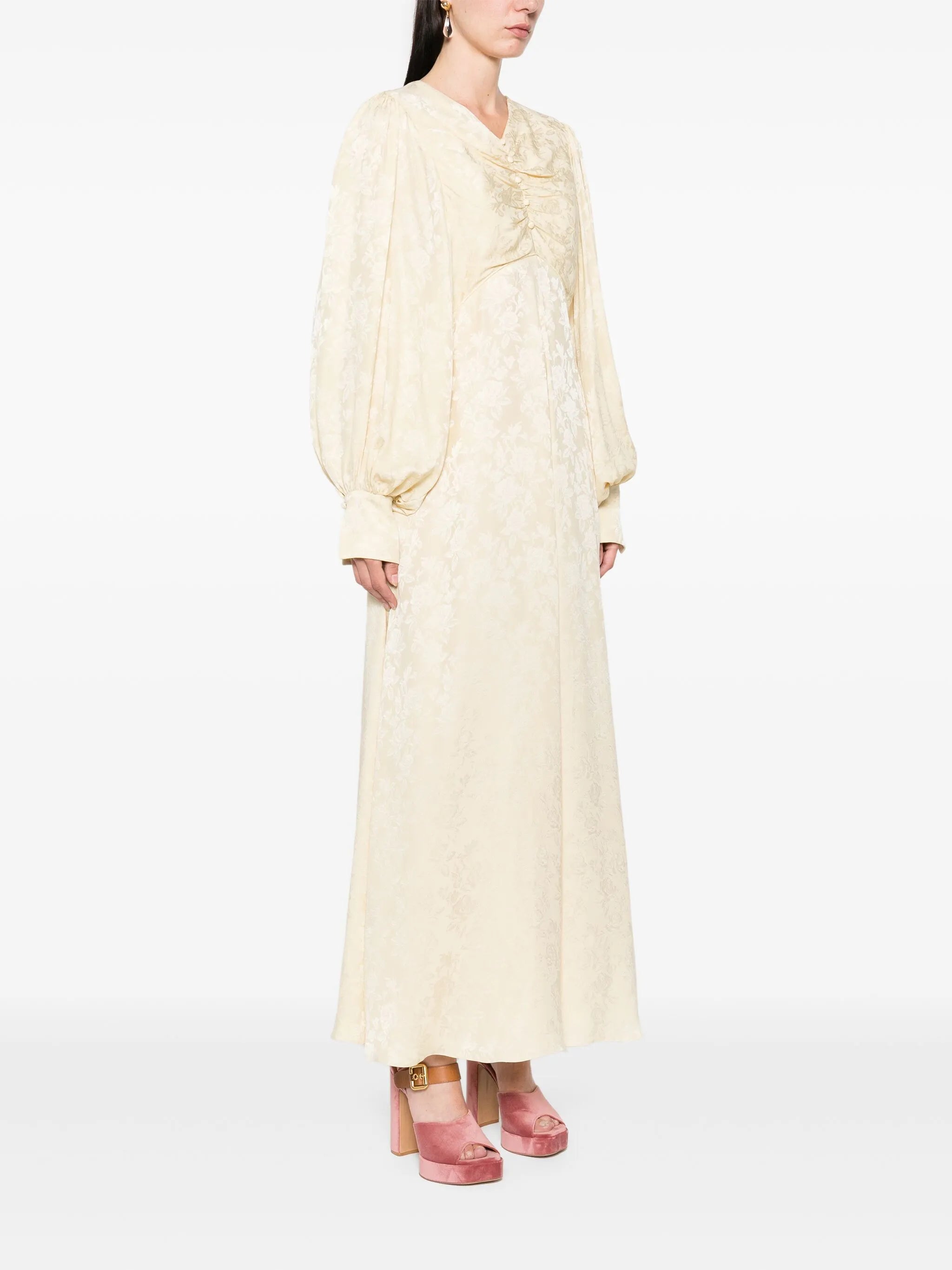 floral-jacquard ruched midi dress