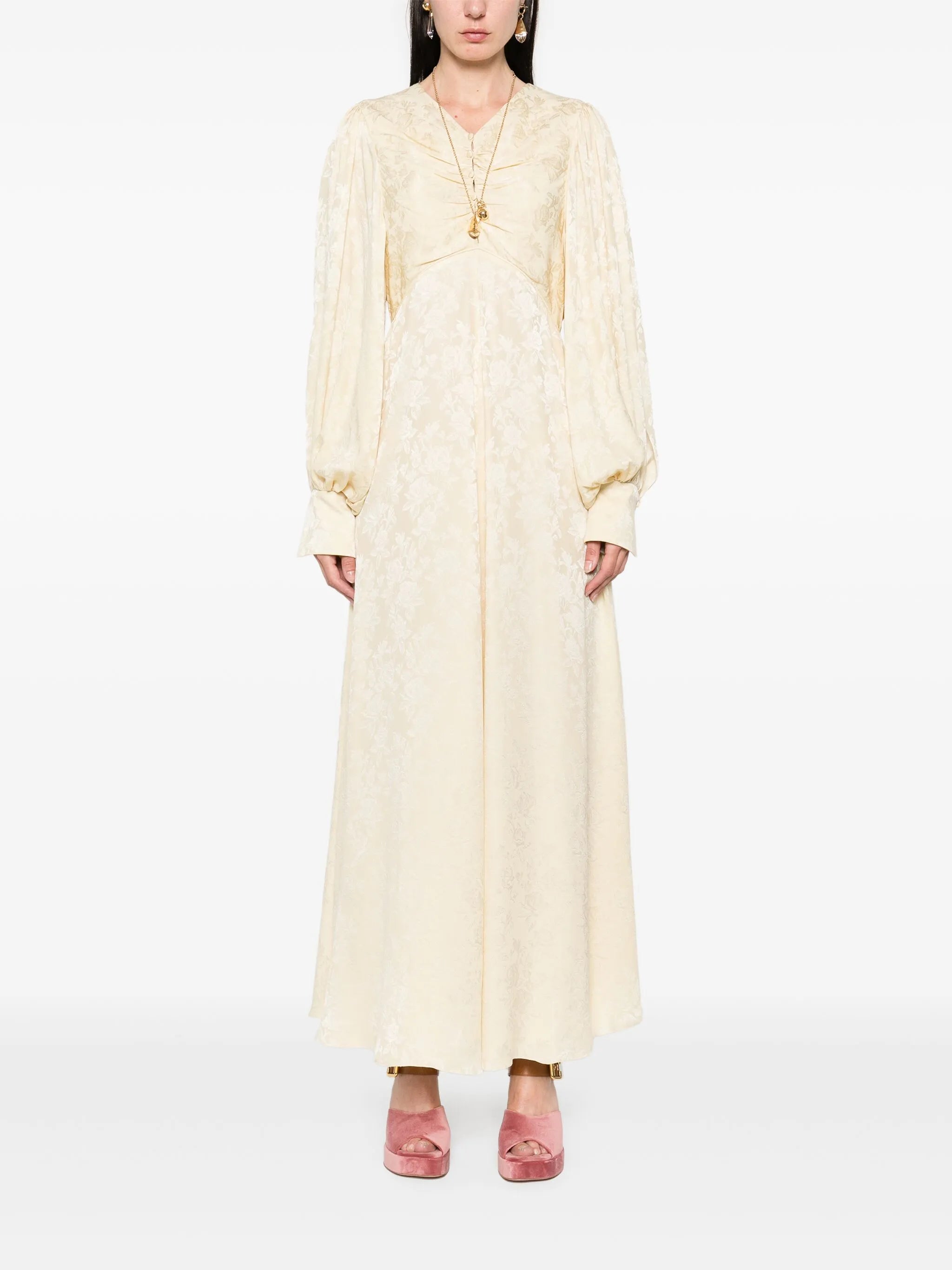 floral-jacquard ruched midi dress
