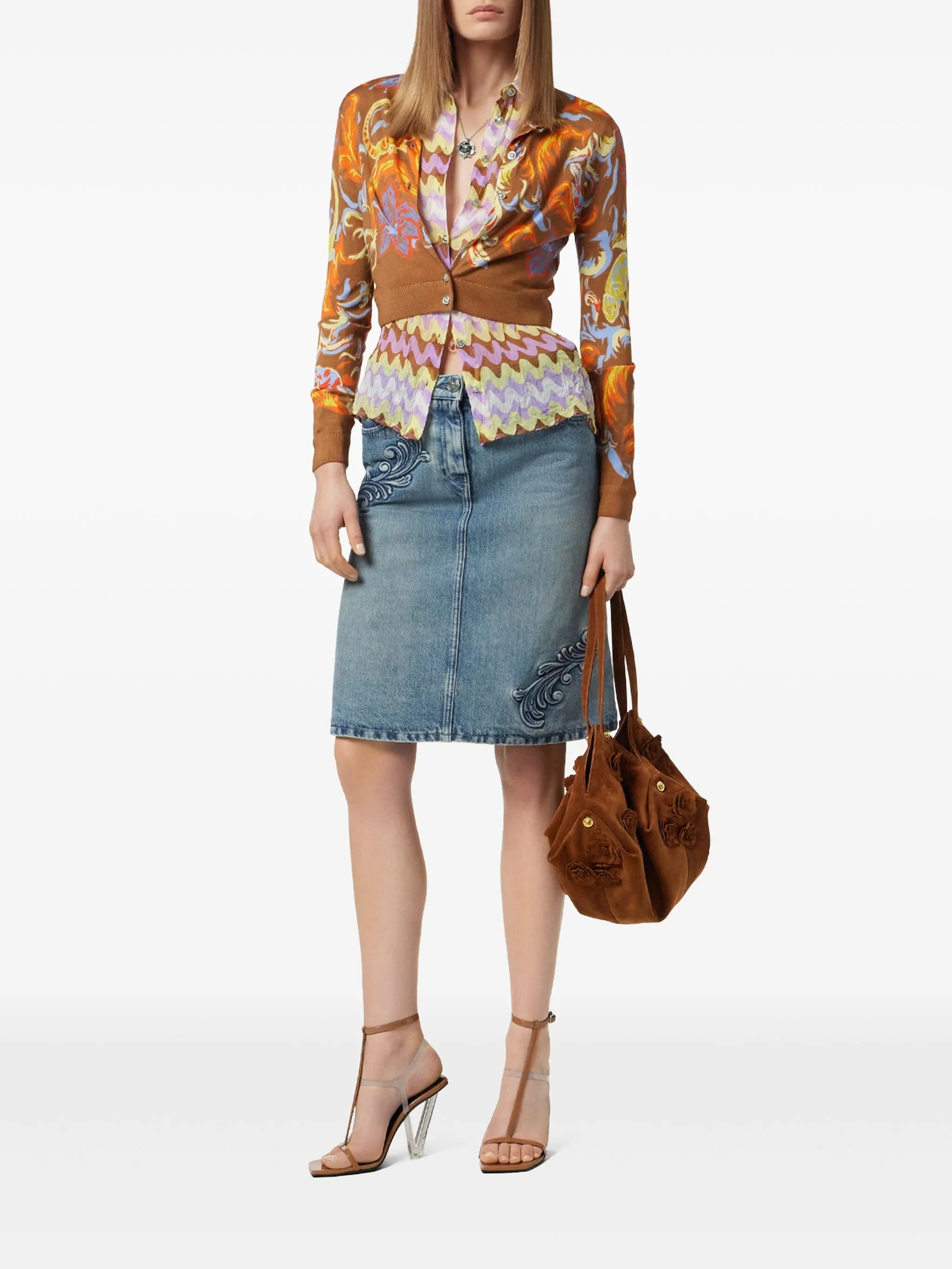 Barocco denim A-line midi skirt