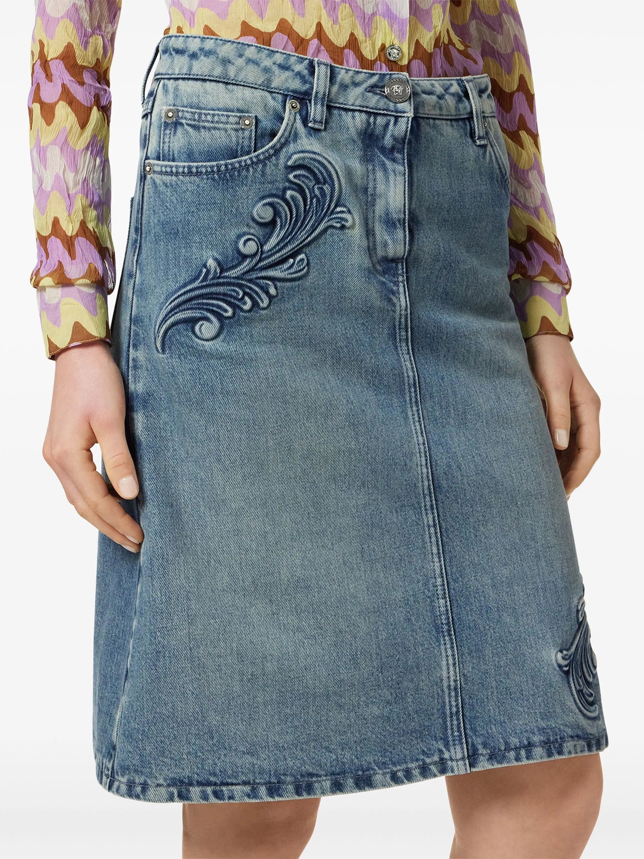 Barocco denim A-line midi skirt
