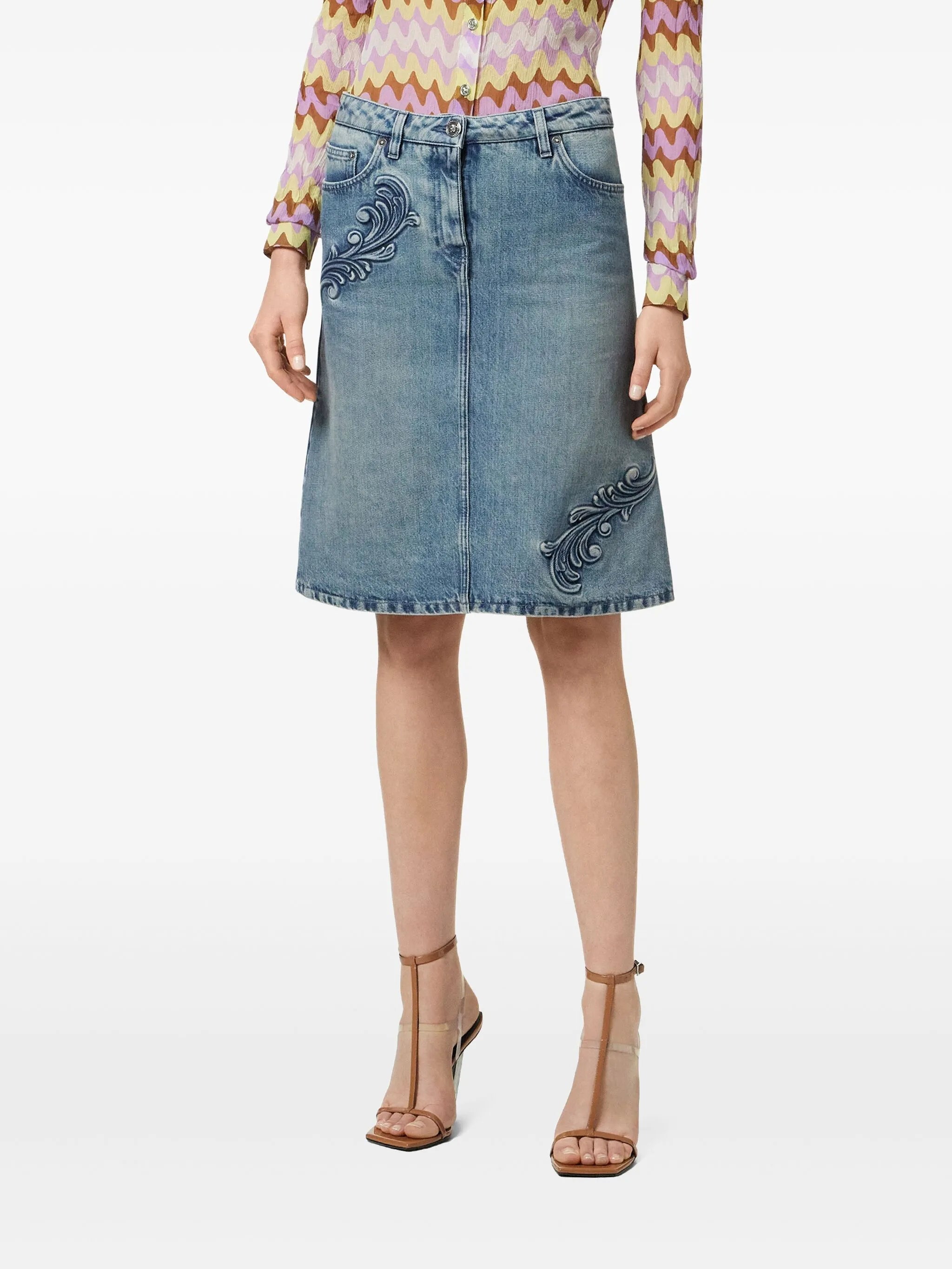 Barocco denim A-line midi skirt