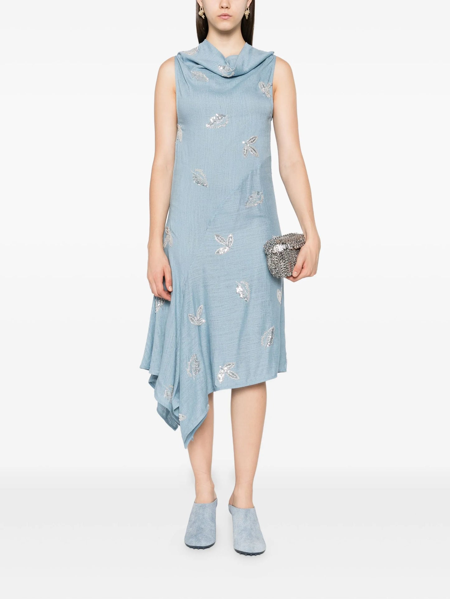 cowl-neck embroidered midi dress