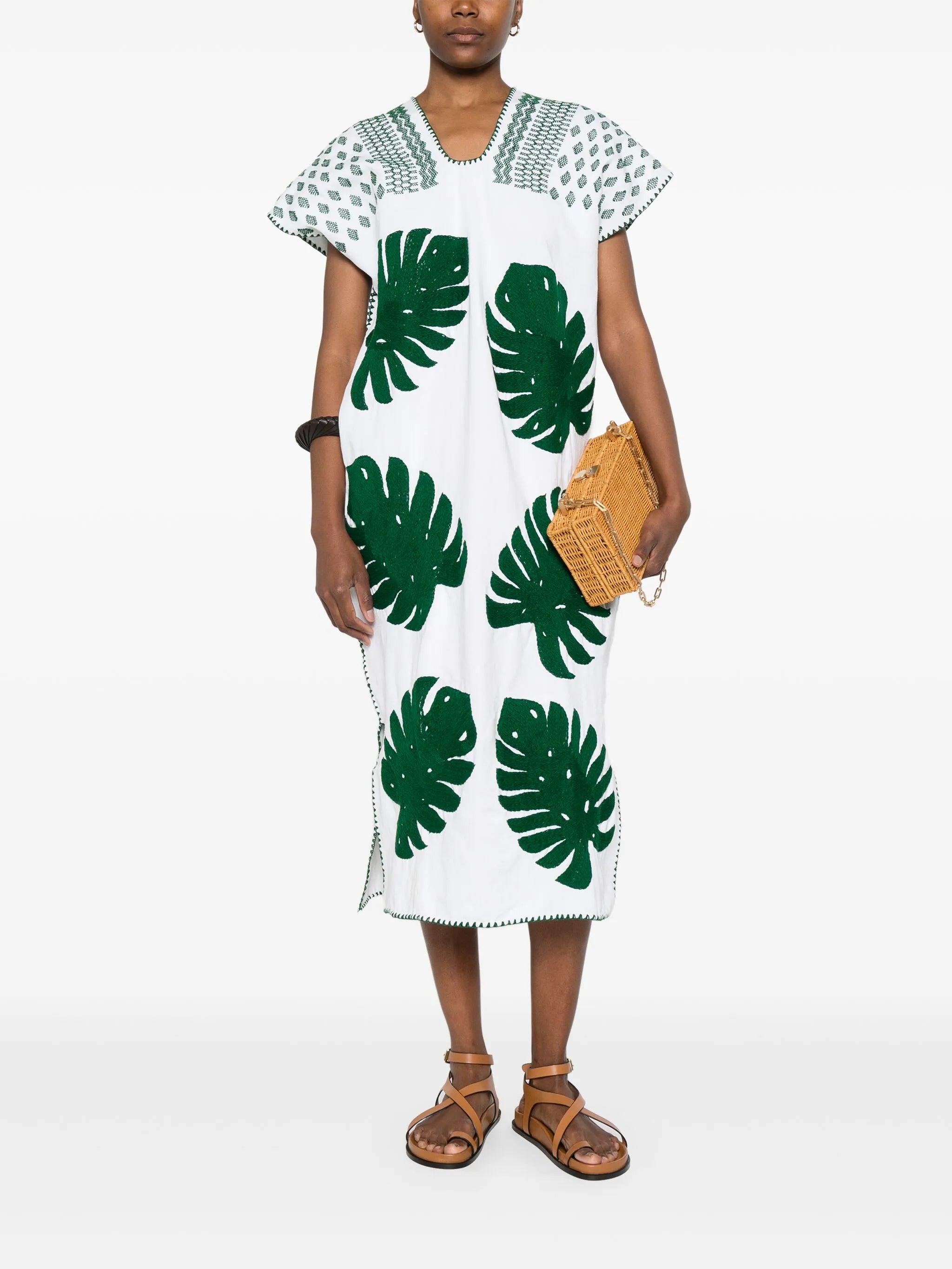 monstera leaf-embroidery midi dress