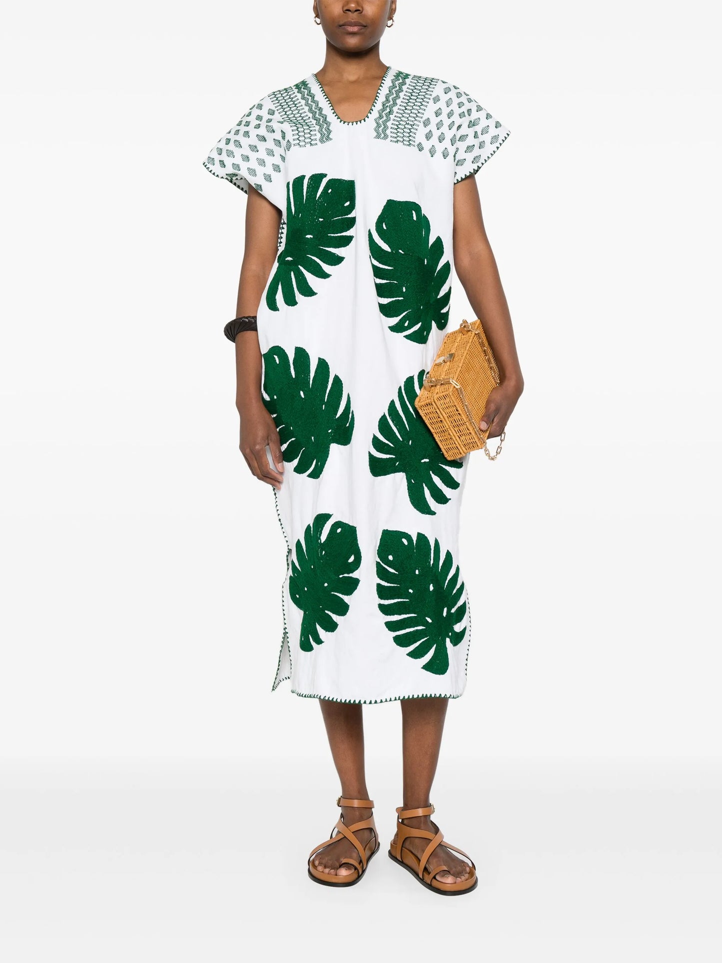monstera leaf-embroidery midi dress