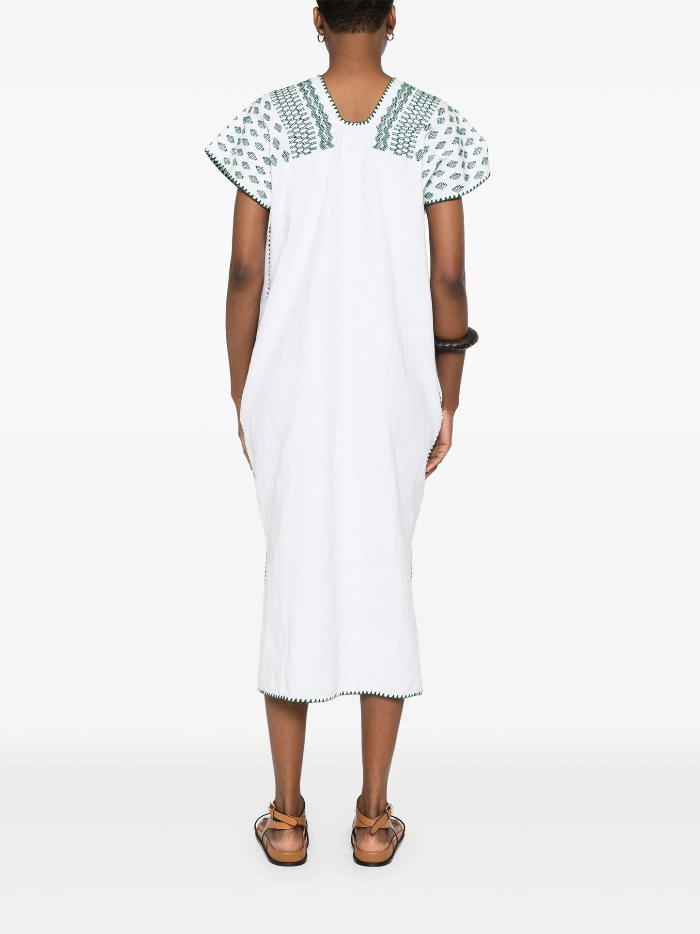 monstera leaf-embroidery midi dress