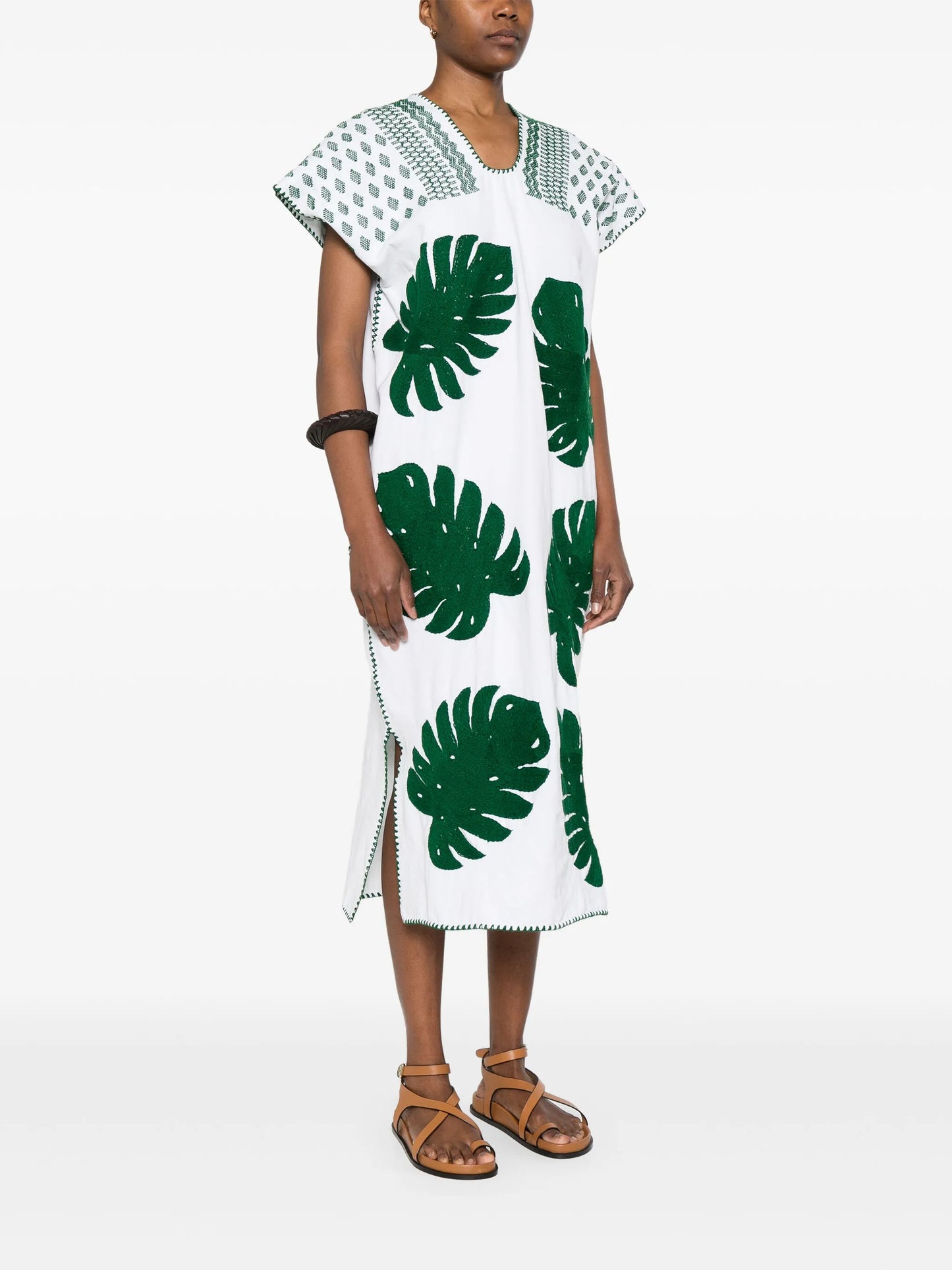 monstera leaf-embroidery midi dress