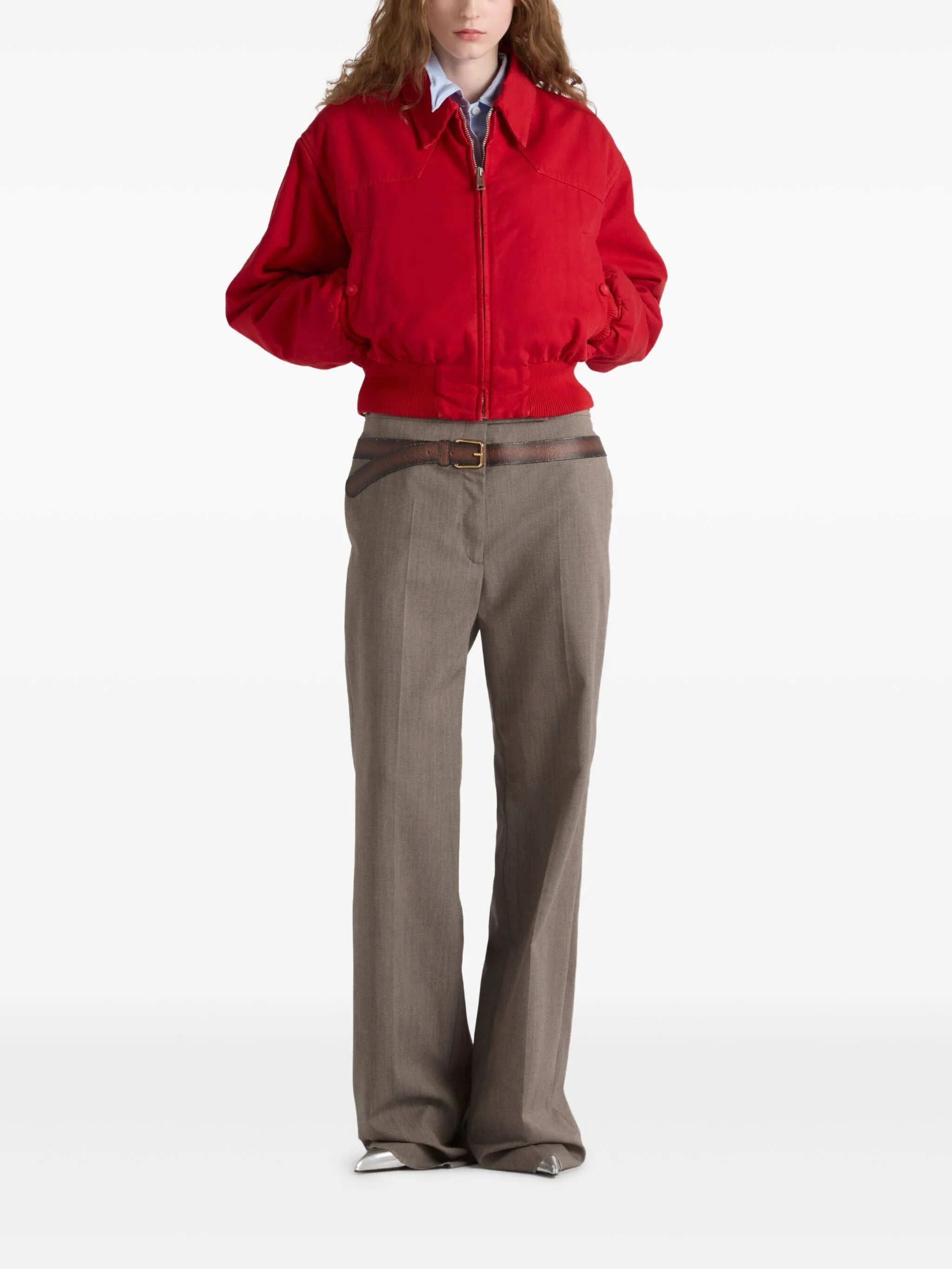 Red denim bomber jacket