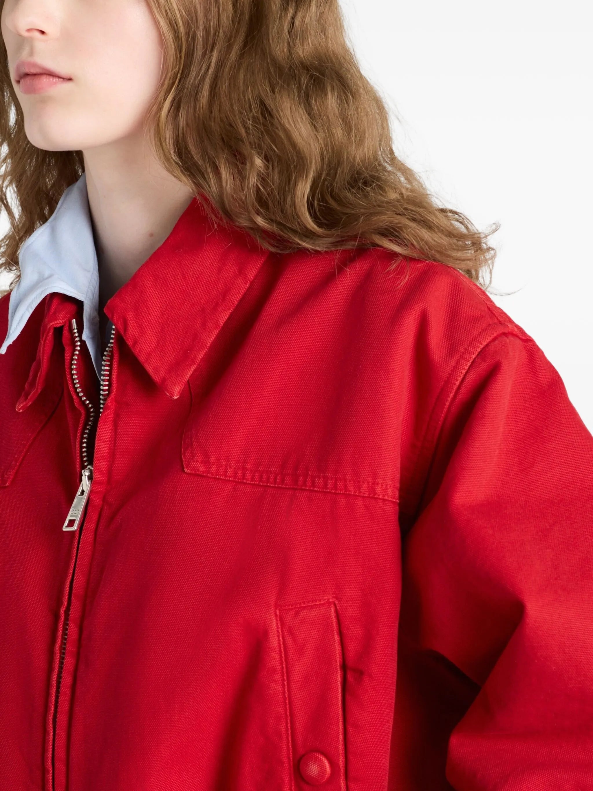 Red denim bomber jacket