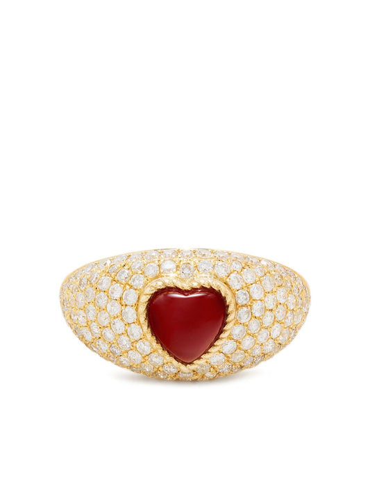 9K yellow gold Mini Bague Dôme Coeur diamond and agate ring