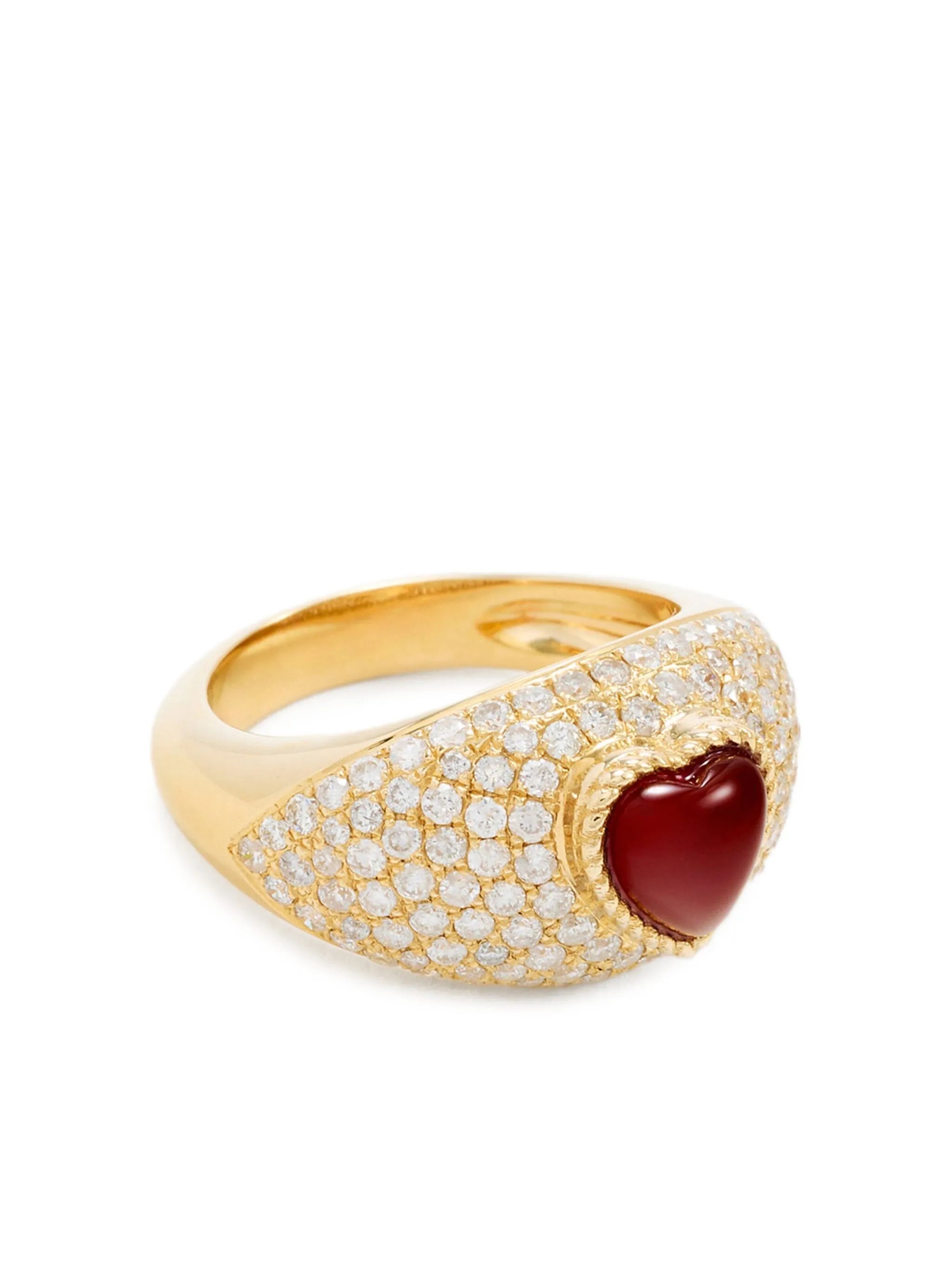 9K yellow gold Mini Bague Dôme Coeur diamond and agate ring