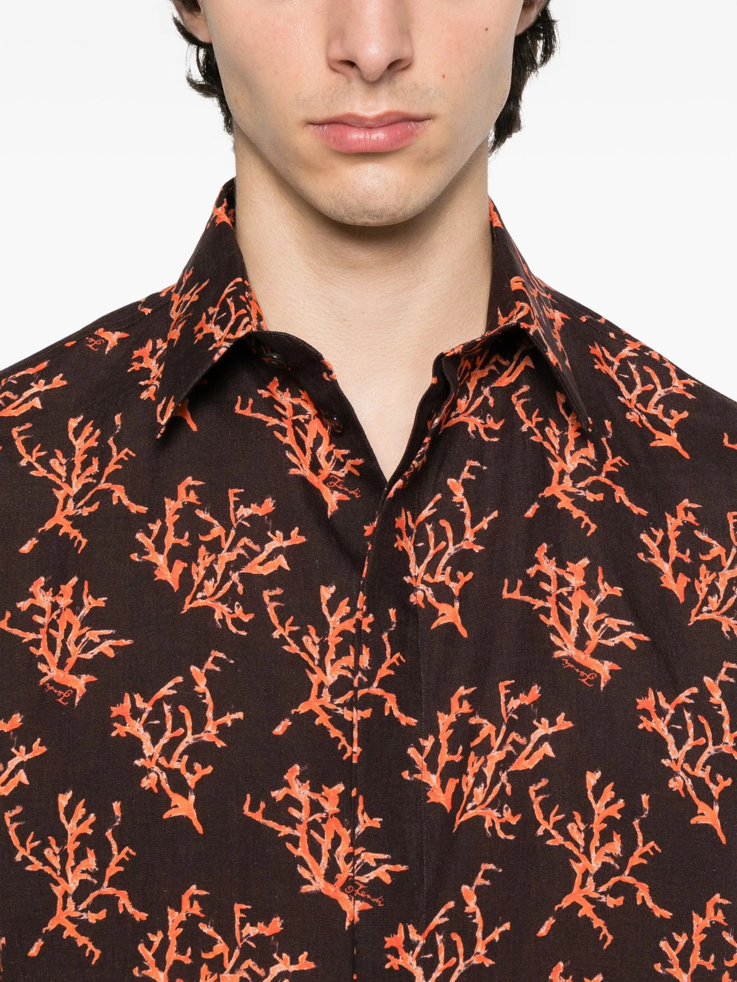 coral-print linen shirt