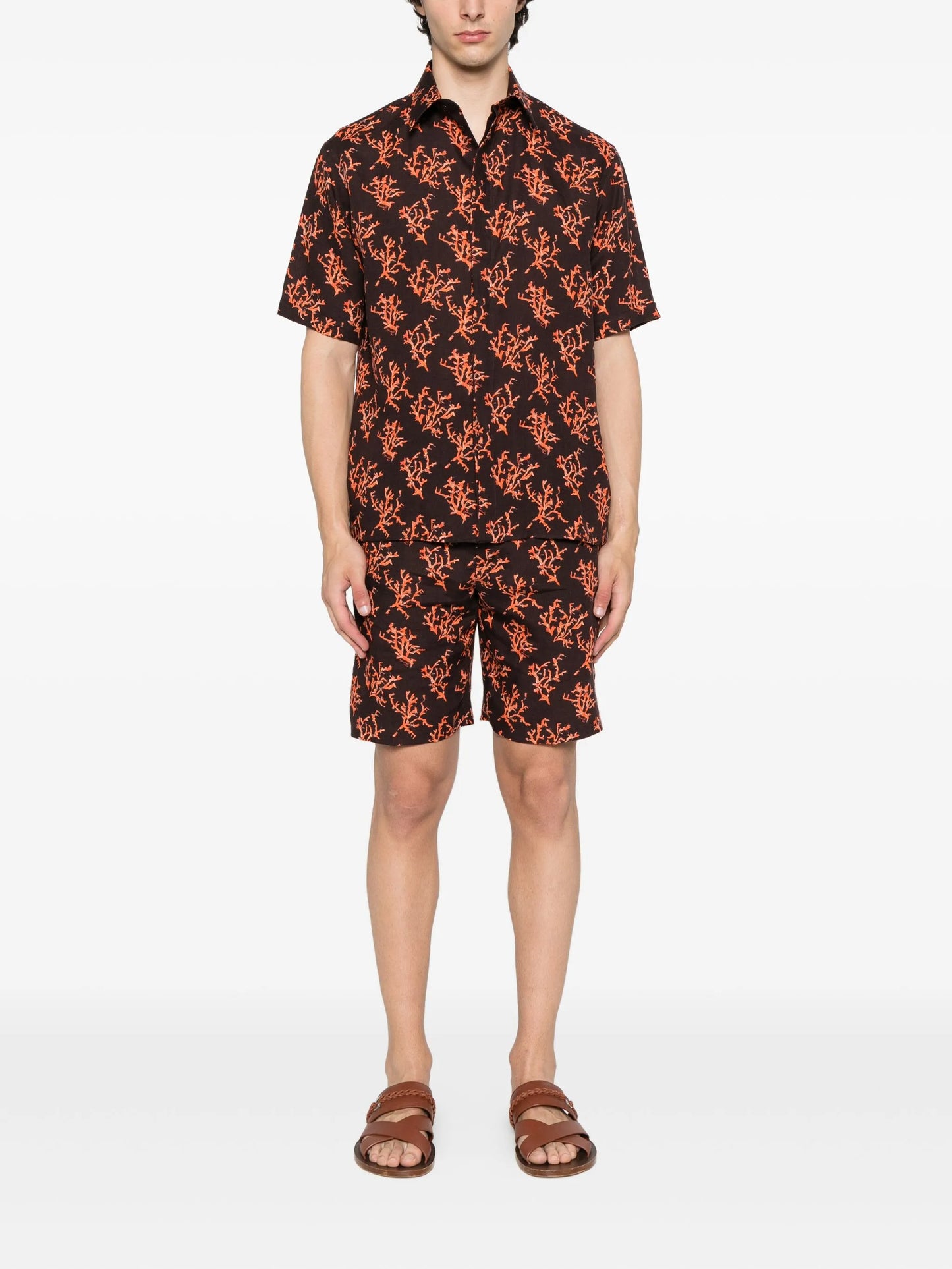 coral-print linen shirt