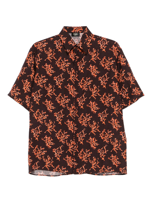 coral-print linen shirt