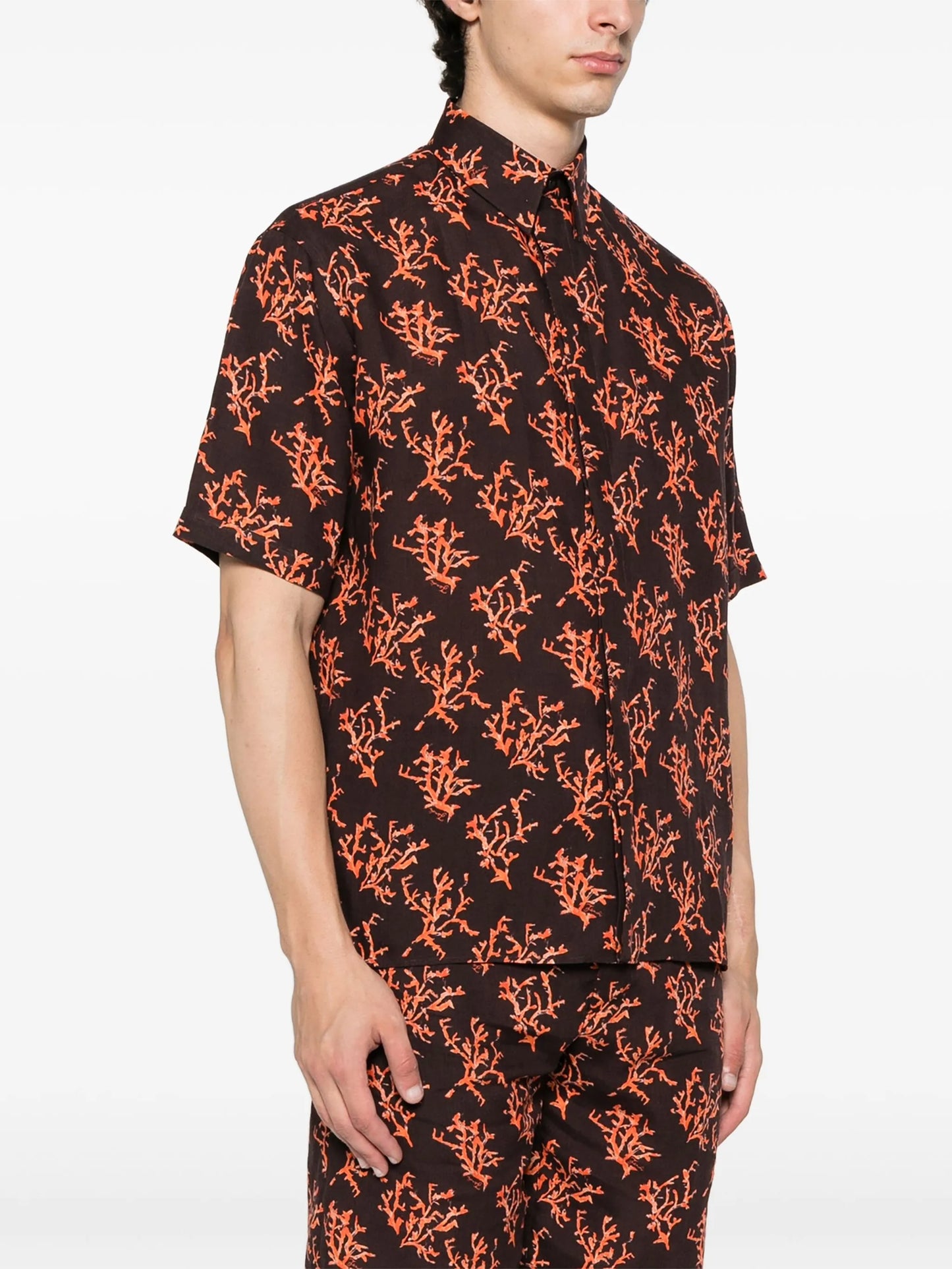 coral-print linen shirt