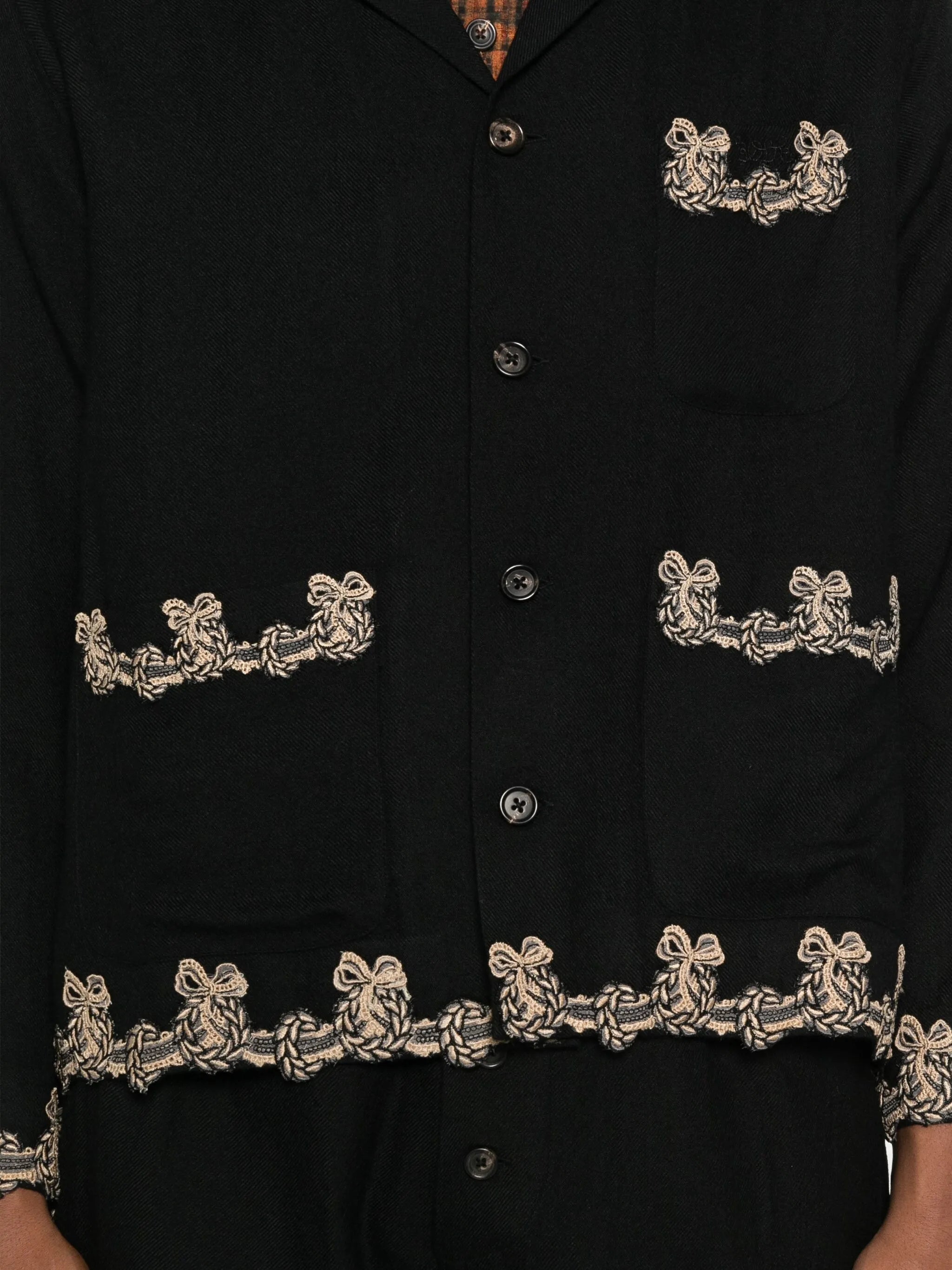 embroidered-pocket wool overshirt