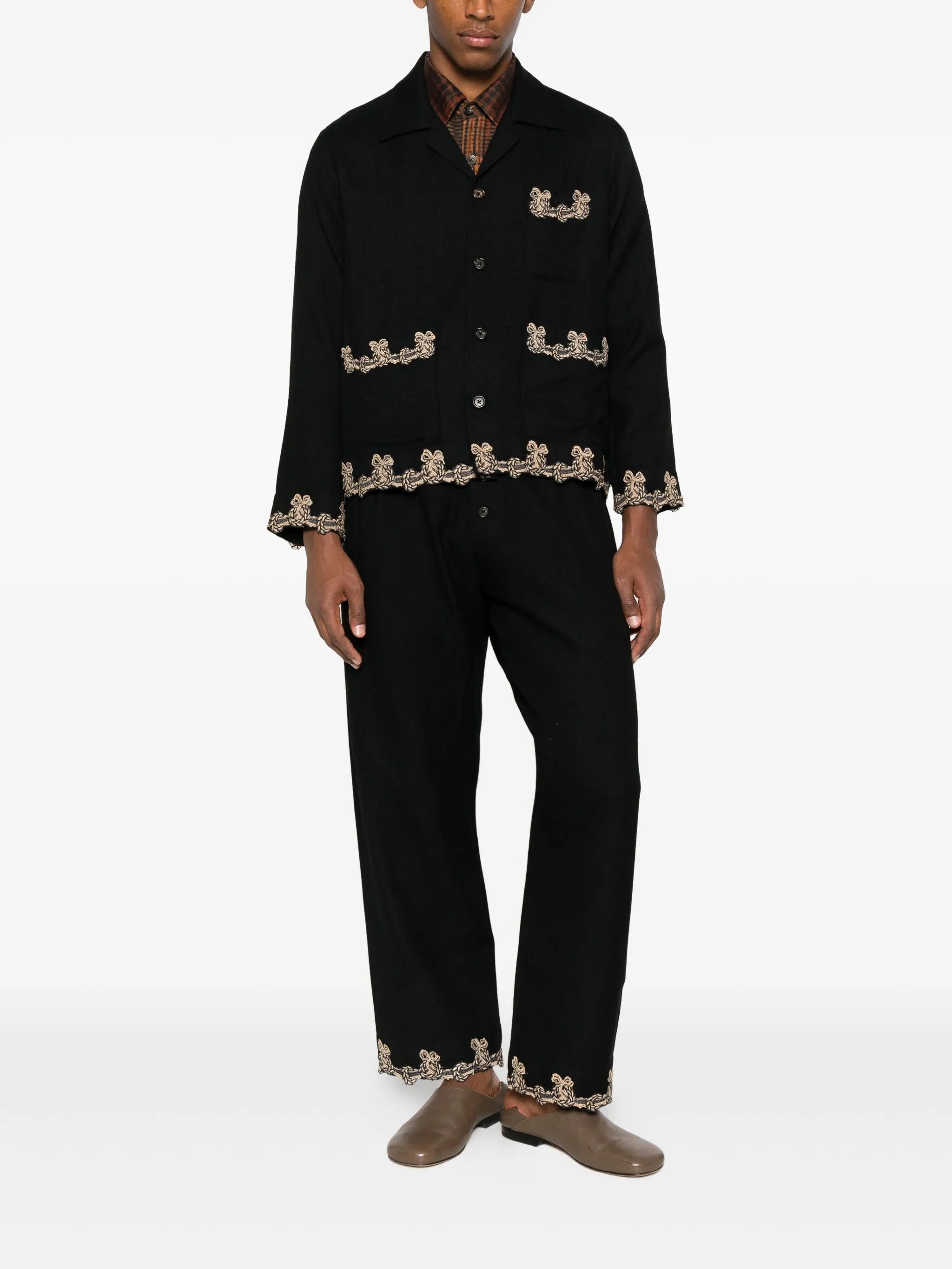 embroidered-pocket wool overshirt