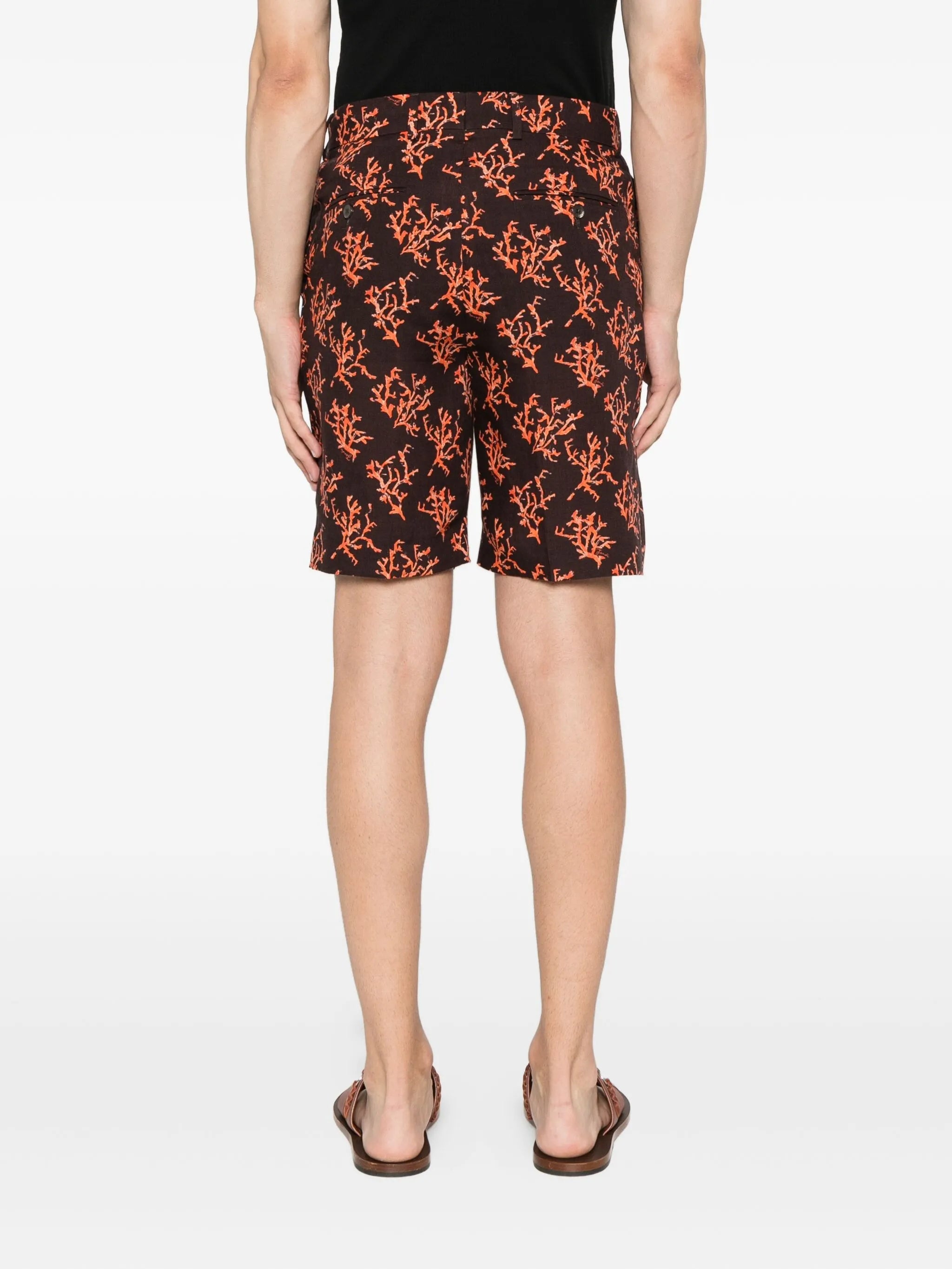 coral-print linen shorts