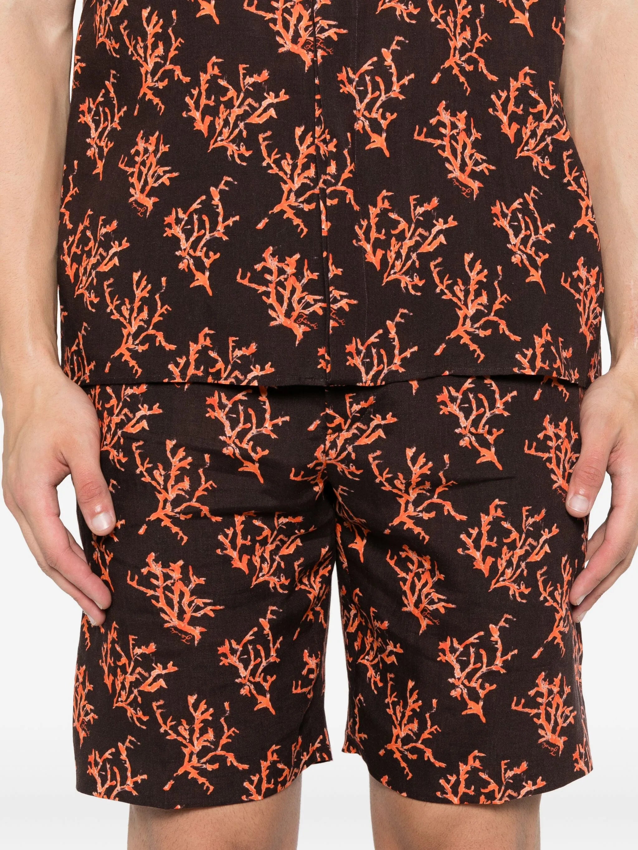 coral-print linen shorts
