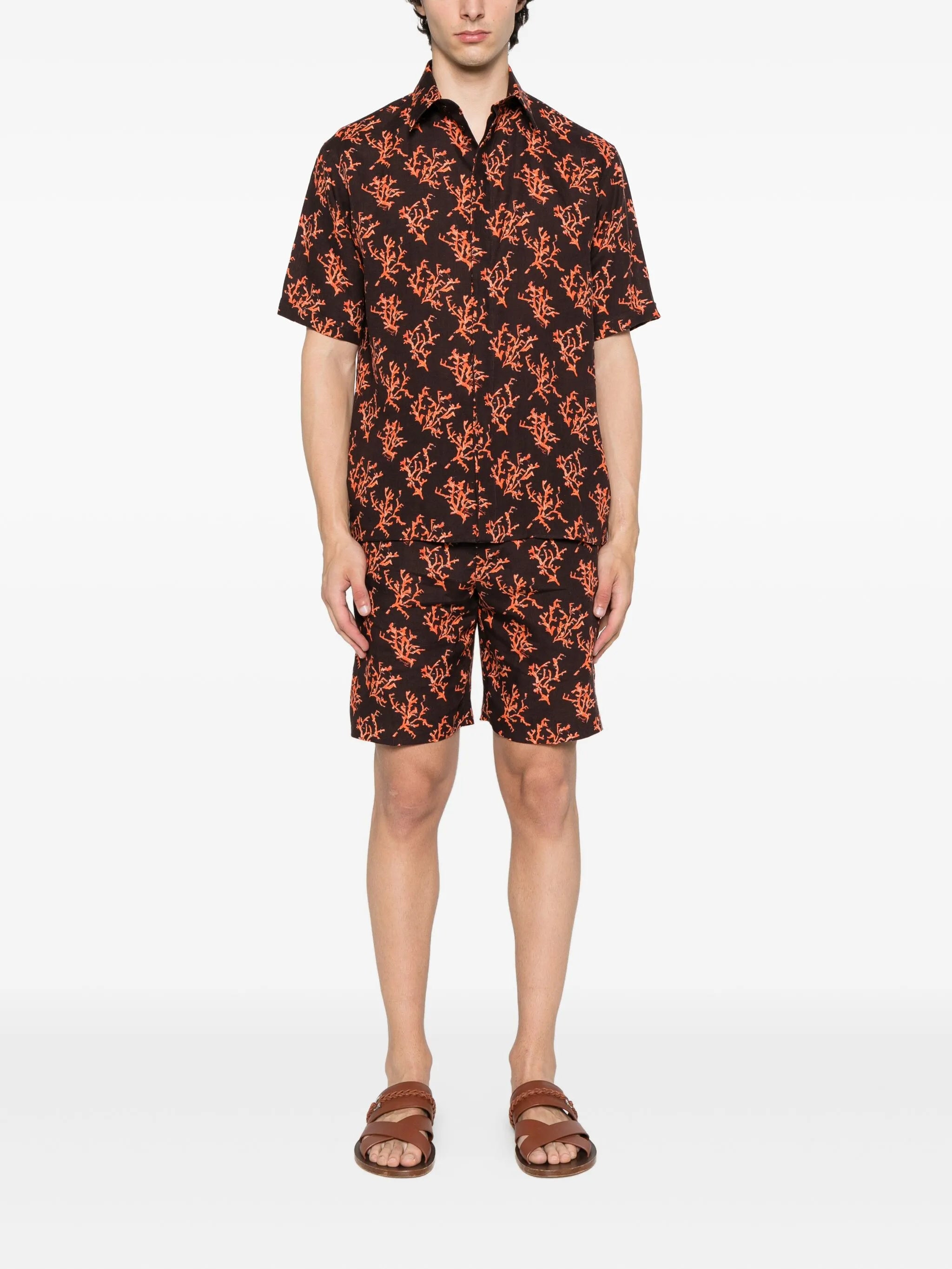 coral-print linen shorts