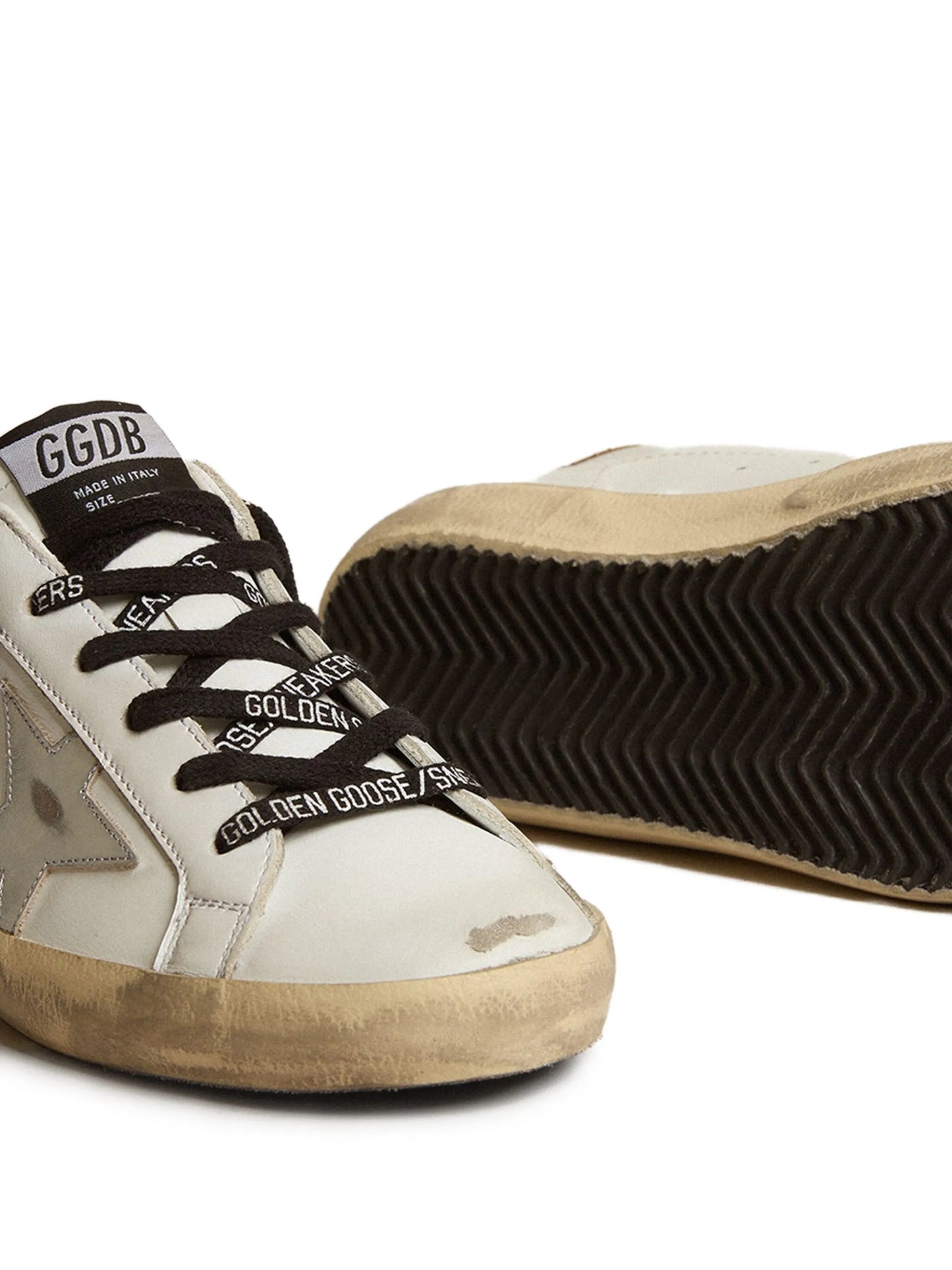 white leather Super-Star trainers with glittery heels tab