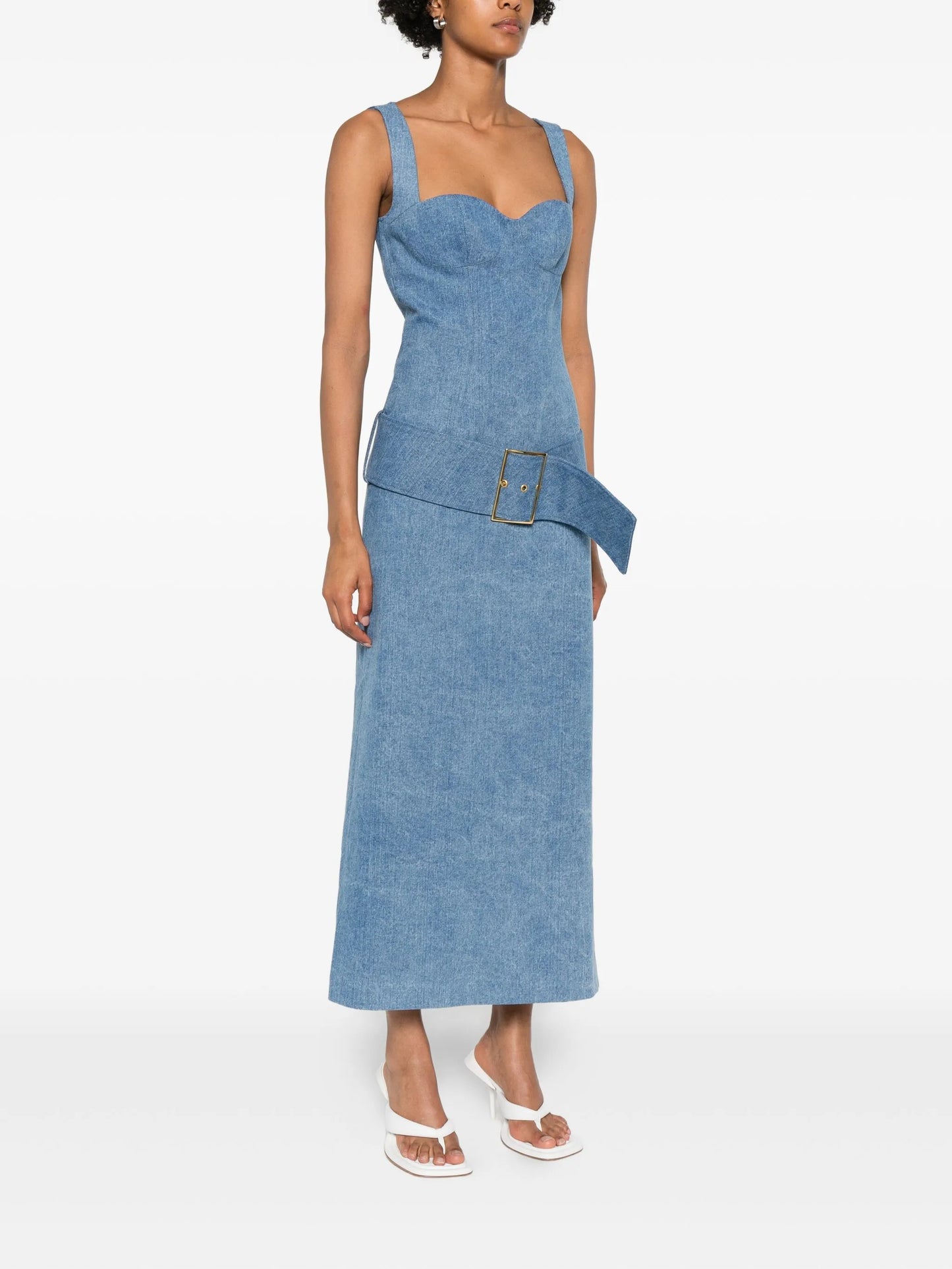 belted denim midi dress