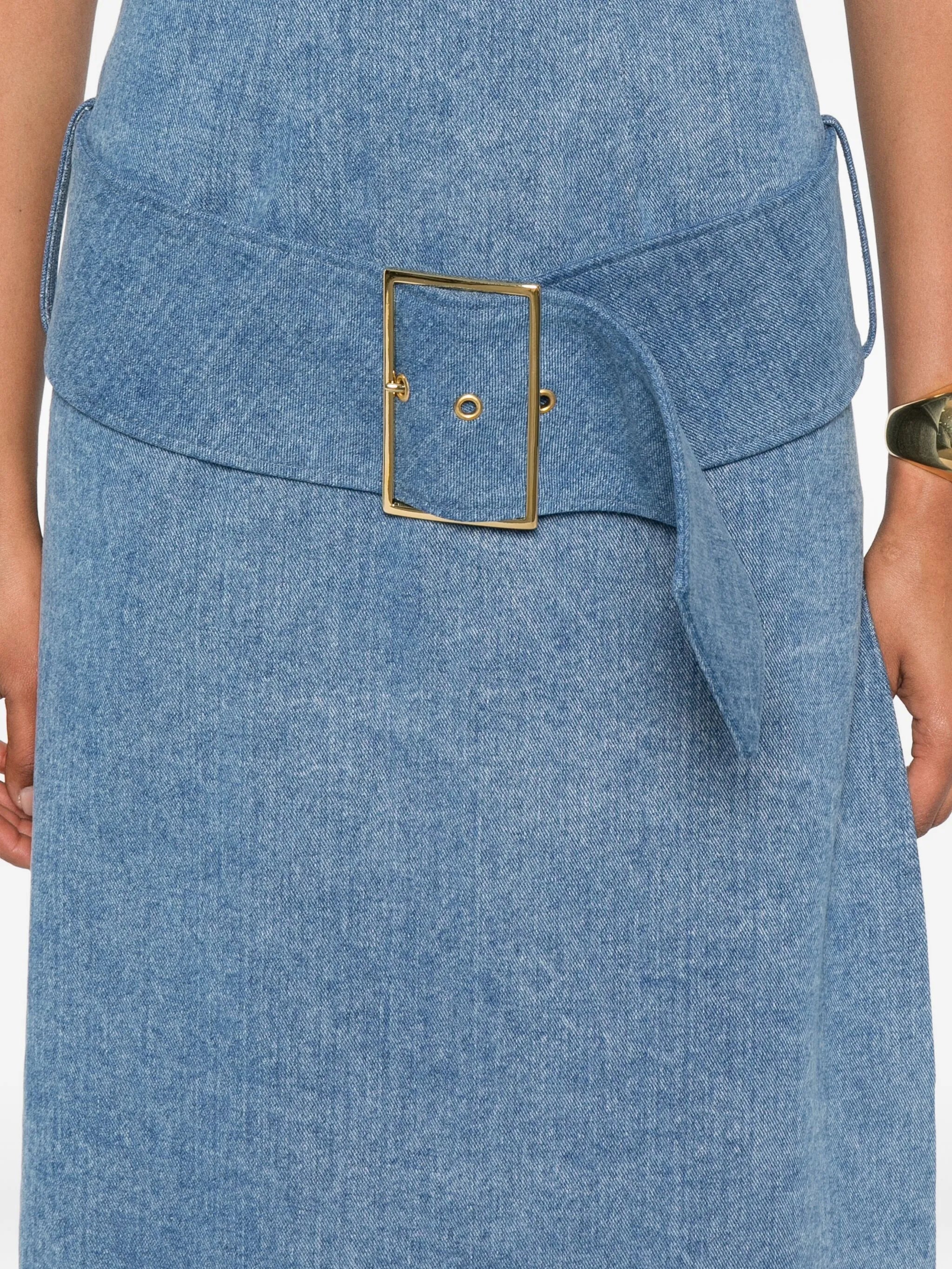 belted denim midi dress