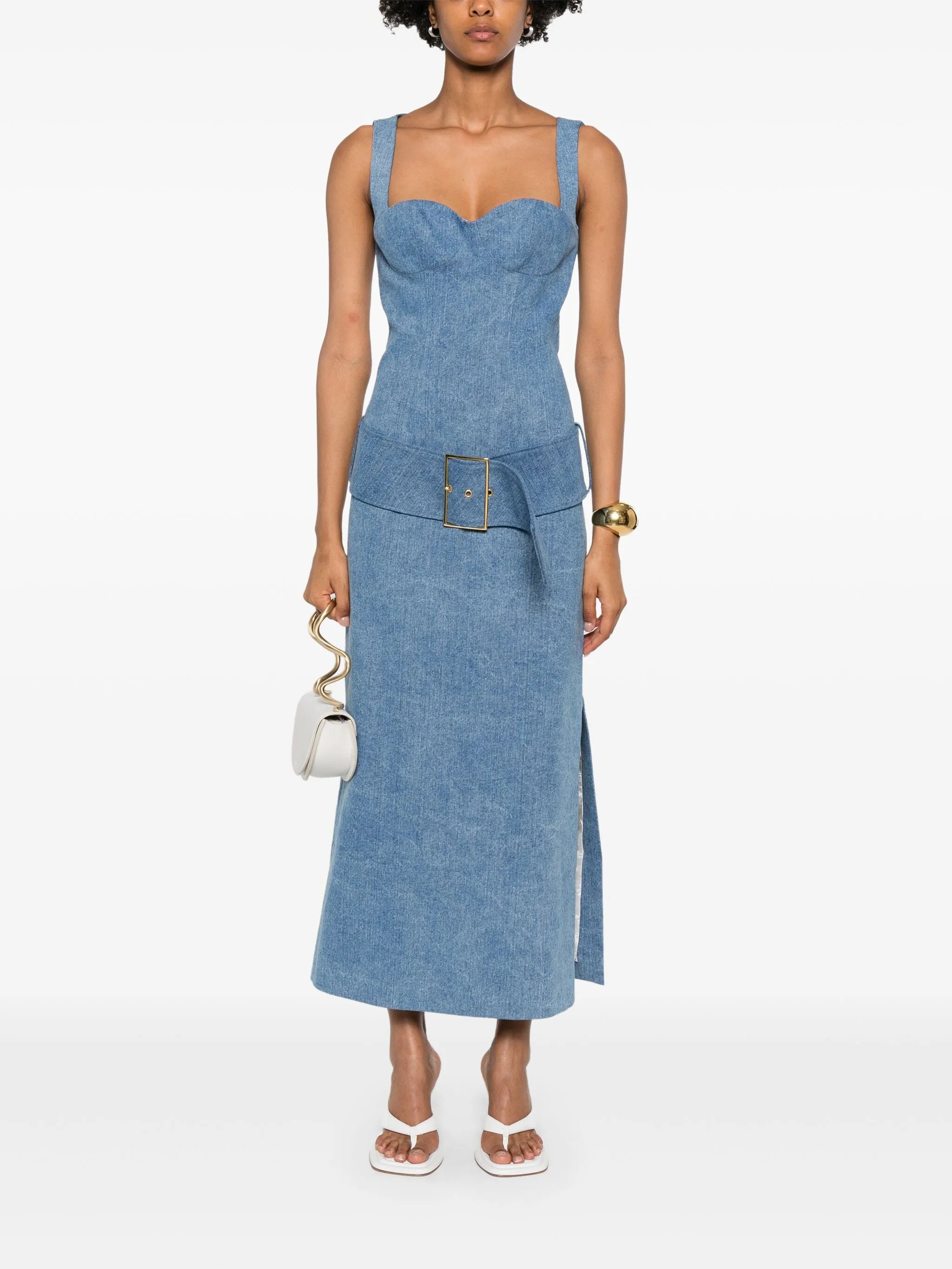 belted denim midi dress