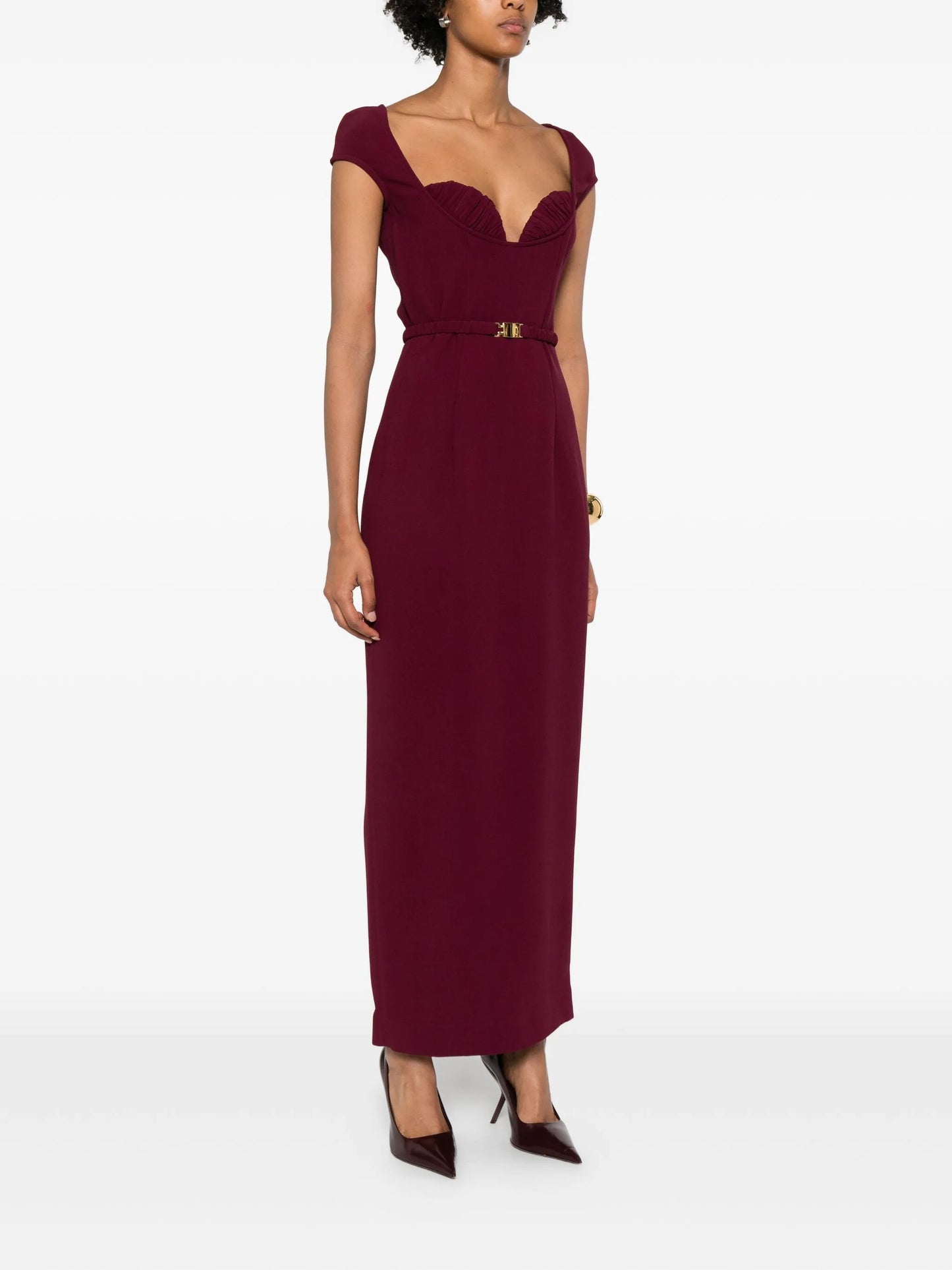 belted cap-sleeve maxi dress